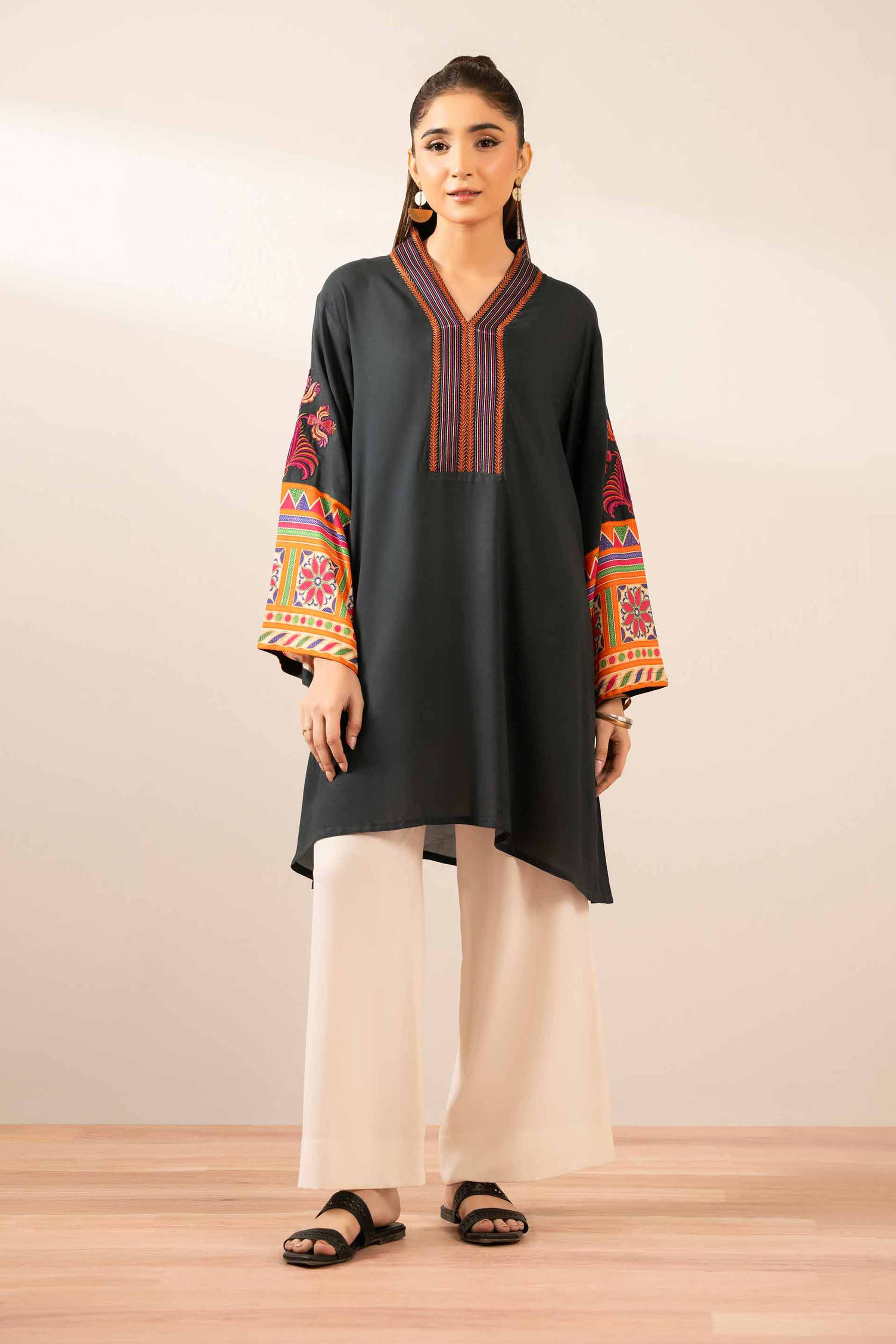 Printed Embroidered Tunic - AS25-107 READY TO WEAR Black Cambric 1PC Embroidered
