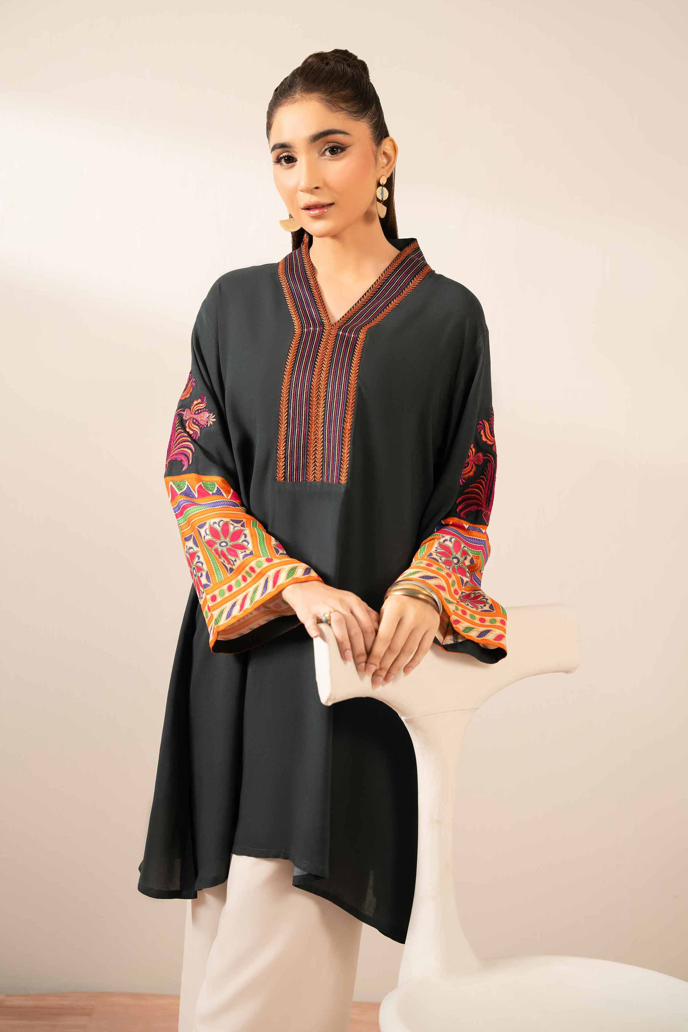 Printed Embroidered Tunic - AS25-107 READY TO WEAR Black Cambric 1PC Embroidered