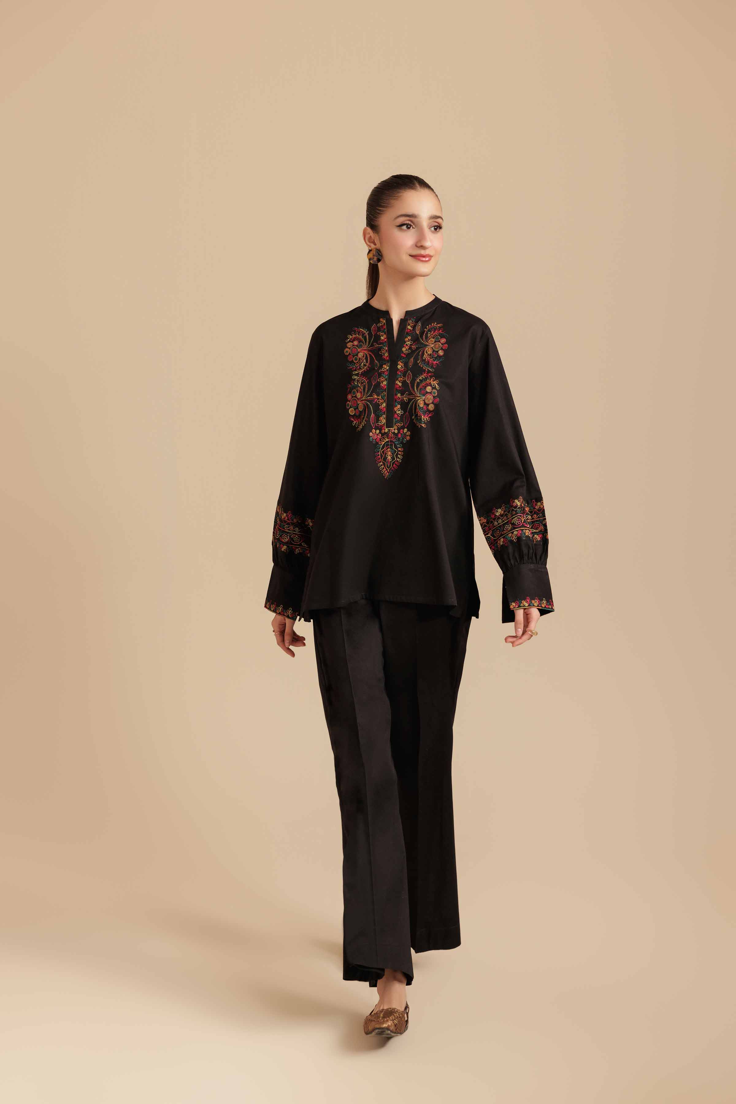 2 Piece - Embroidered Suit - AS25-108 READY TO WEAR Black Cambric 2PC Embroidered