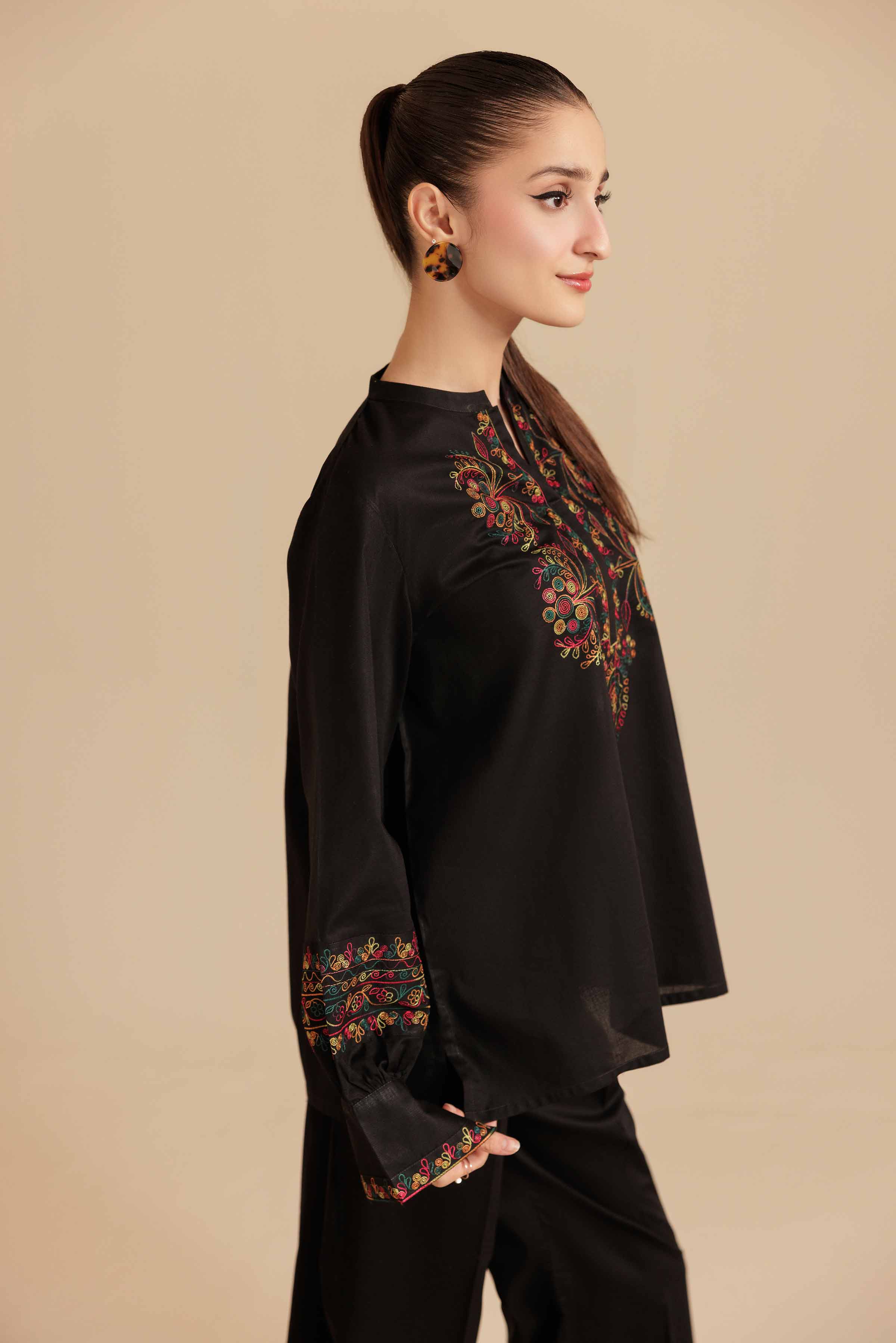 2 Piece - Embroidered Suit - AS25-108 READY TO WEAR Black Cambric 2PC Embroidered