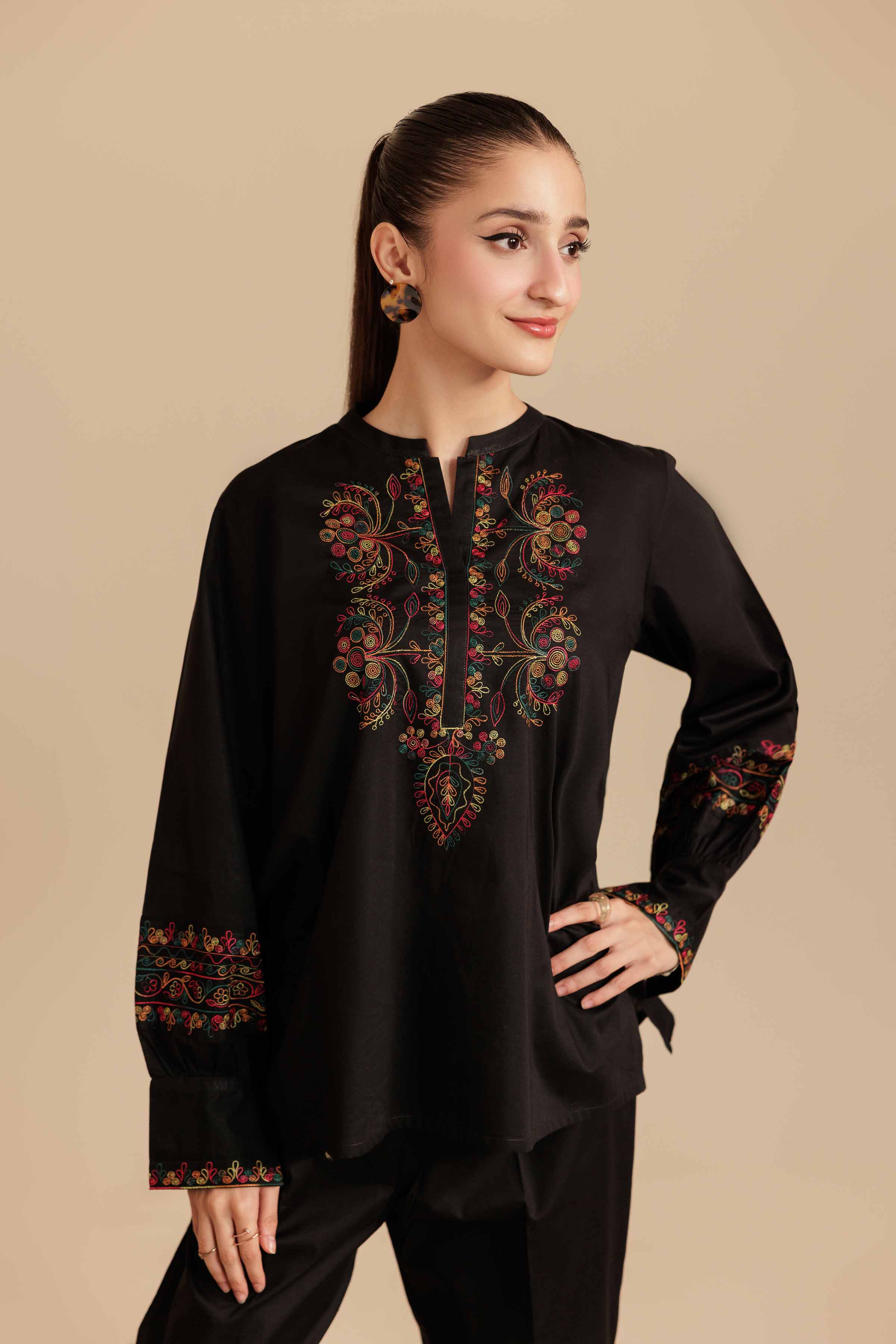 2 Piece - Embroidered Suit - AS25-108 READY TO WEAR Black Cambric 2PC Embroidered