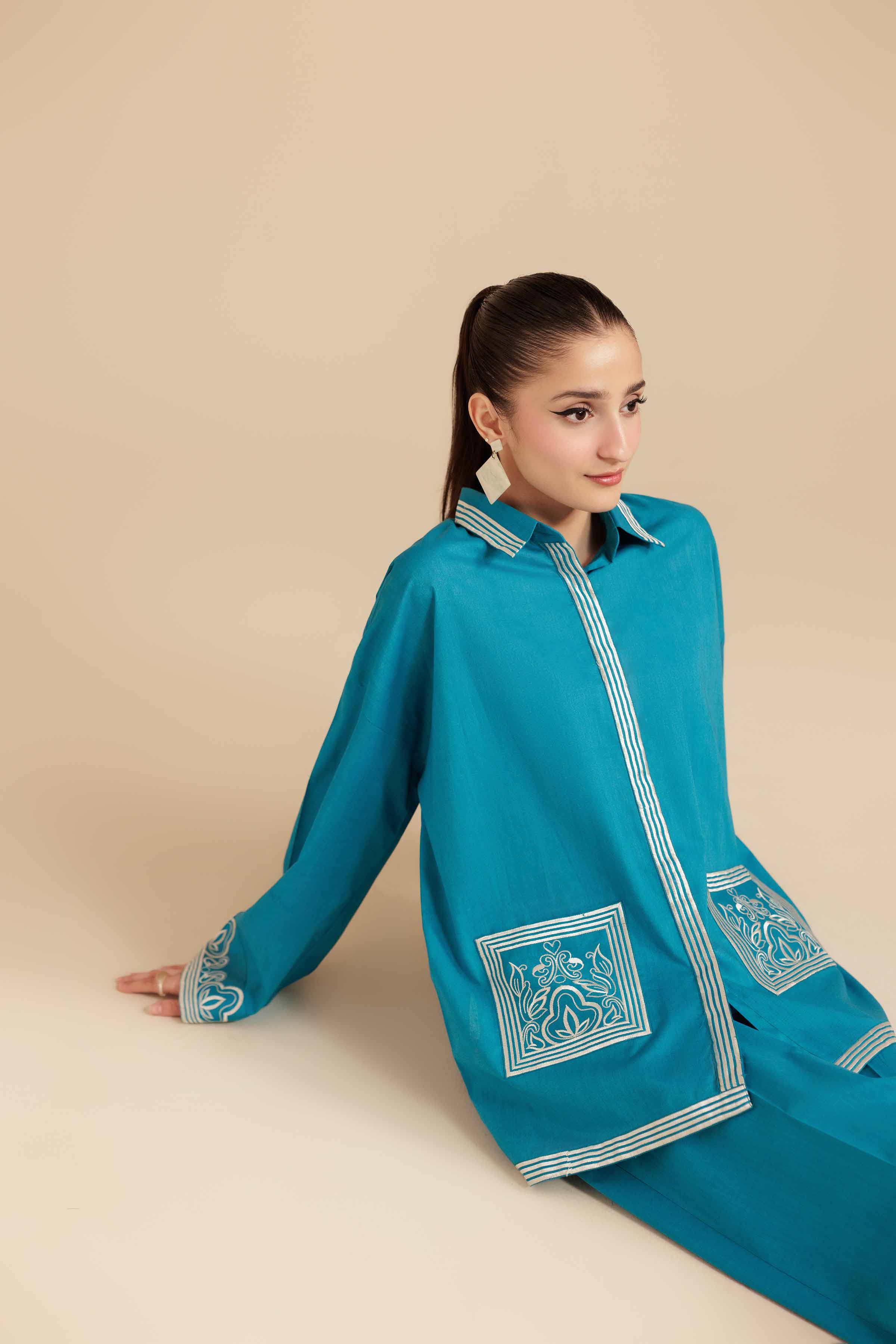 2 Piece - Embroidered Suit - AS25-116 READY TO WEAR Blue Cambric 2PC Embroidered