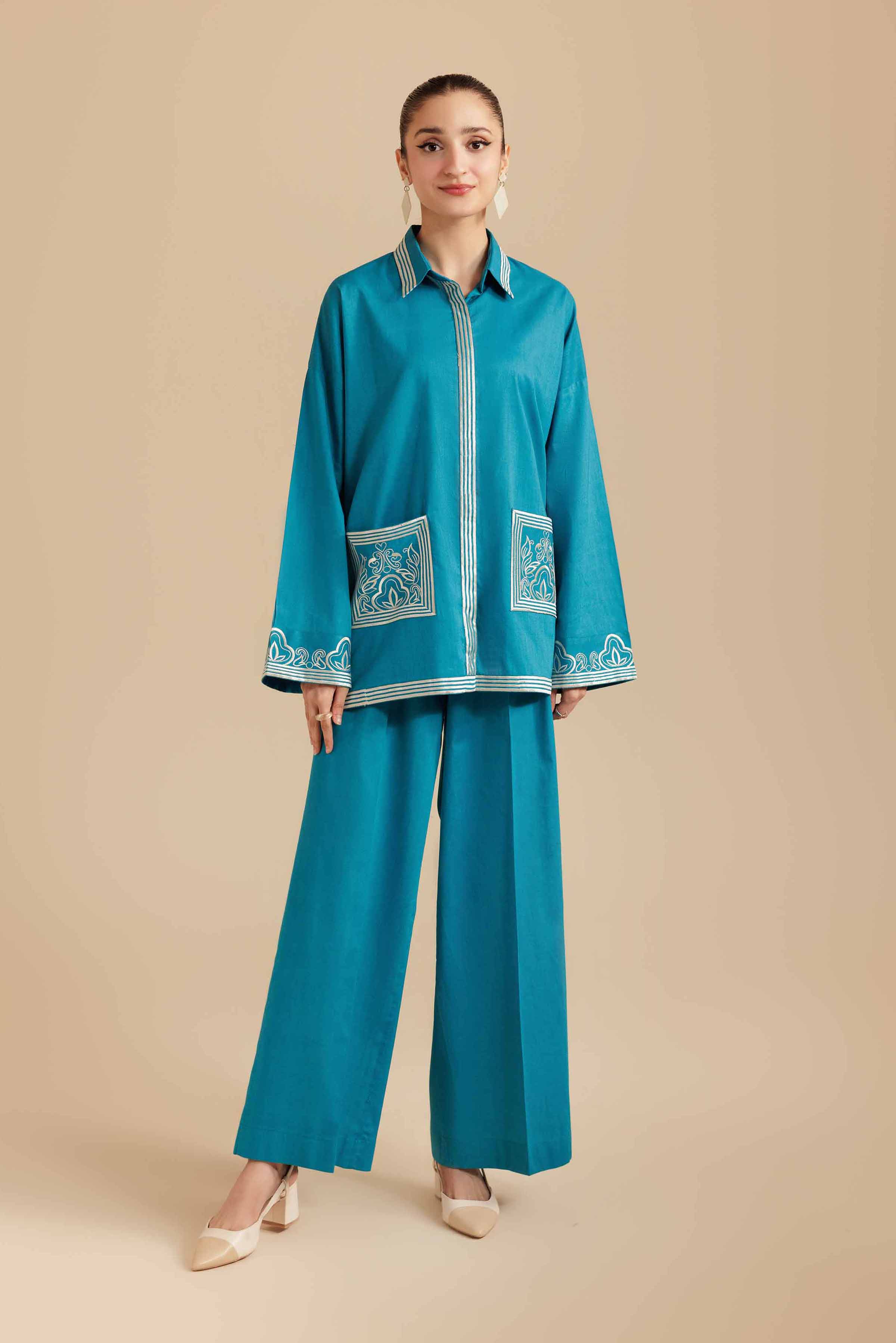 2 Piece - Embroidered Suit - AS25-116 READY TO WEAR Blue Cambric 2PC Embroidered