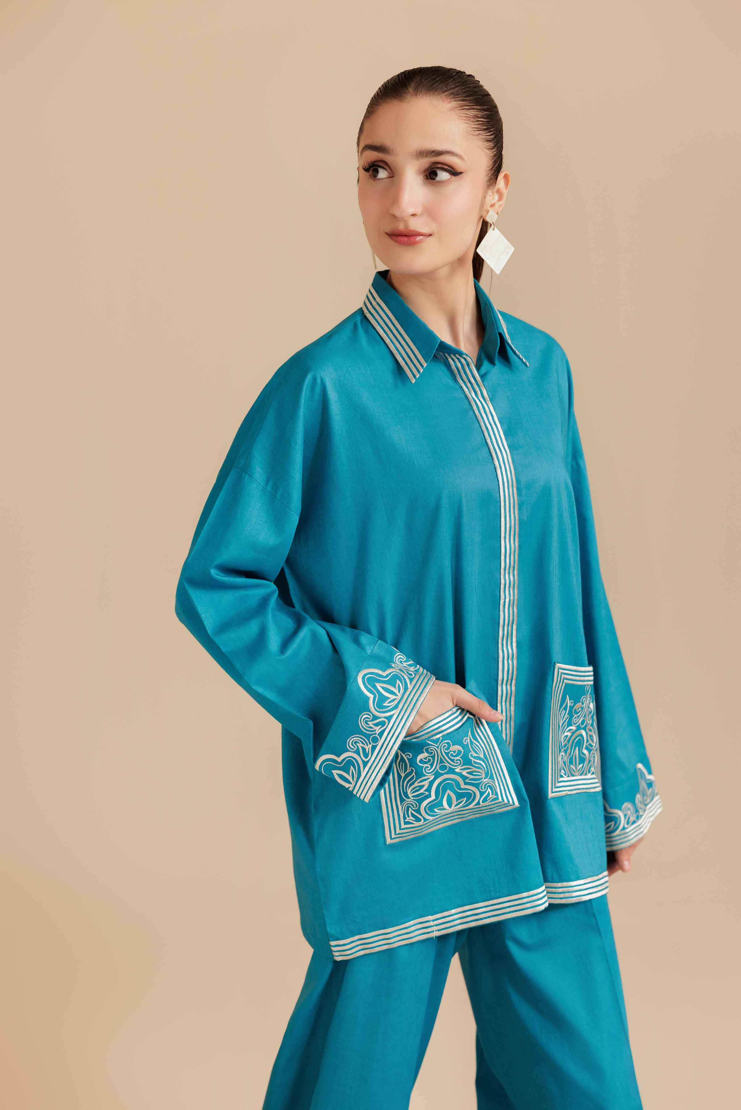 2 Piece - Embroidered Suit - AS25-116 READY TO WEAR Blue Cambric 2PC Embroidered