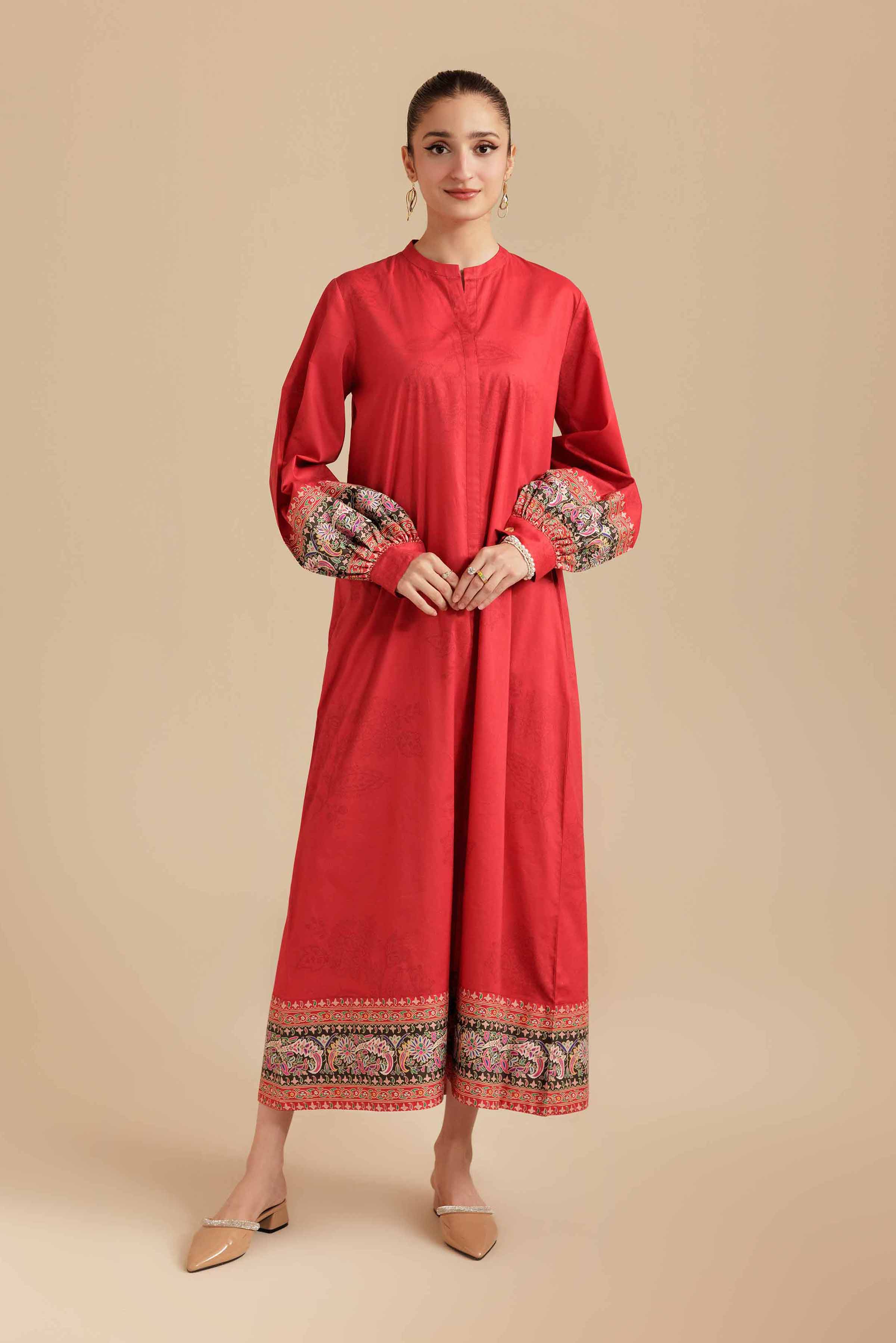 Printed Dress - AS25-98 Ready To Wear Red Cambric 1PC Printed