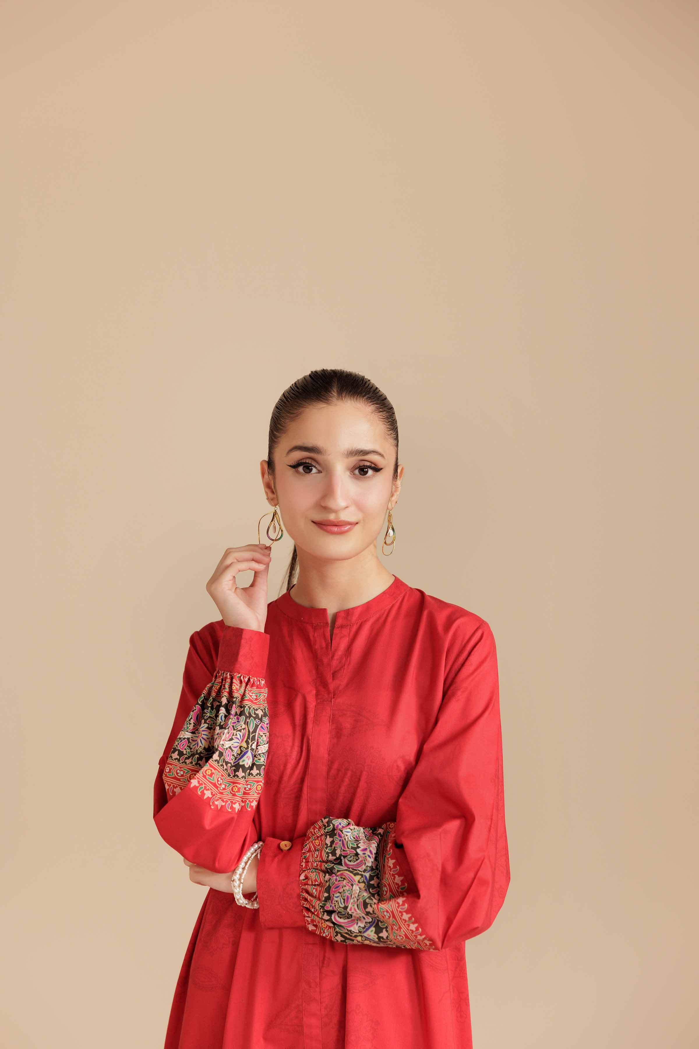 Printed Dress - AS25-98 Ready To Wear Red Cambric 1PC Printed