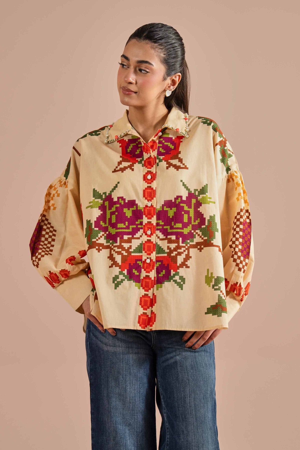 Printed Shirt - AS26-18 Beige Cambric 1PC Printed Nishat Australia
