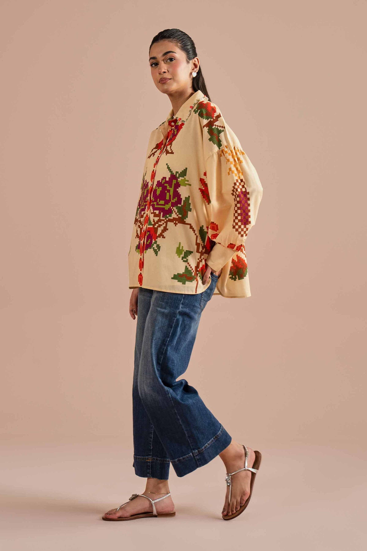Printed Shirt - AS26-18 Beige Cambric 1PC Printed Nishat Australia