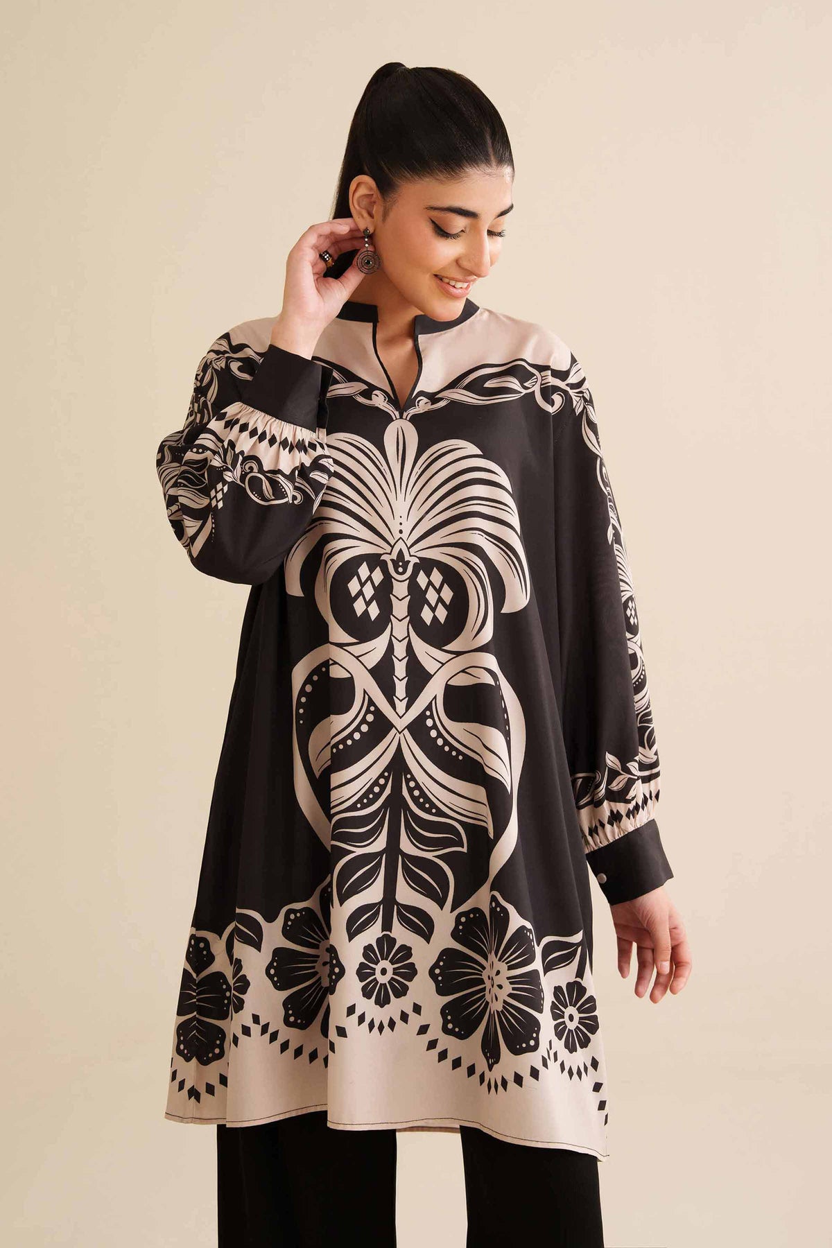 Printed Tunic - AW25-01 Black Silk 1PC Printed Nishat Australia