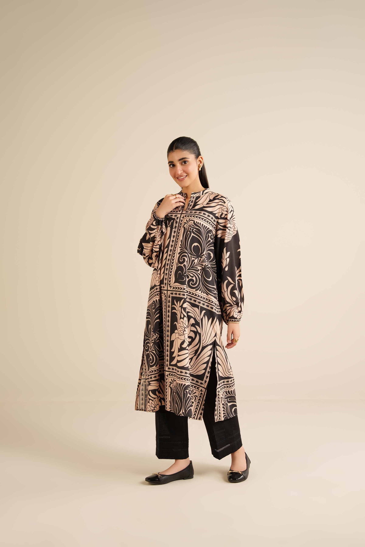 Printed Tunic - AW25-02 Black Silk 1PC Printed Nishat Australia