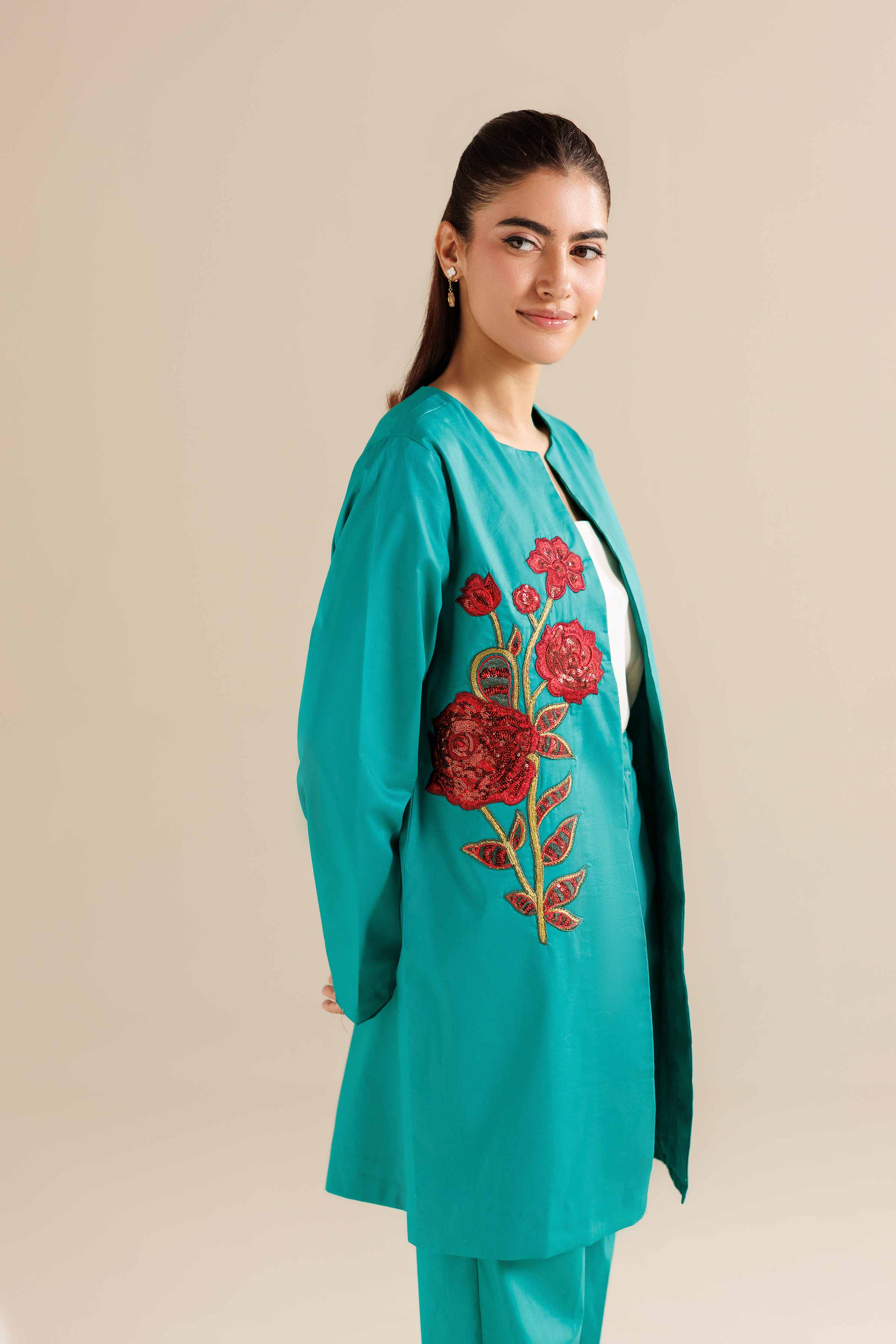 2 Piece - Embroidered Suit - AW25-09 READY TO WEAR Green Silk 2PC Embroidered
