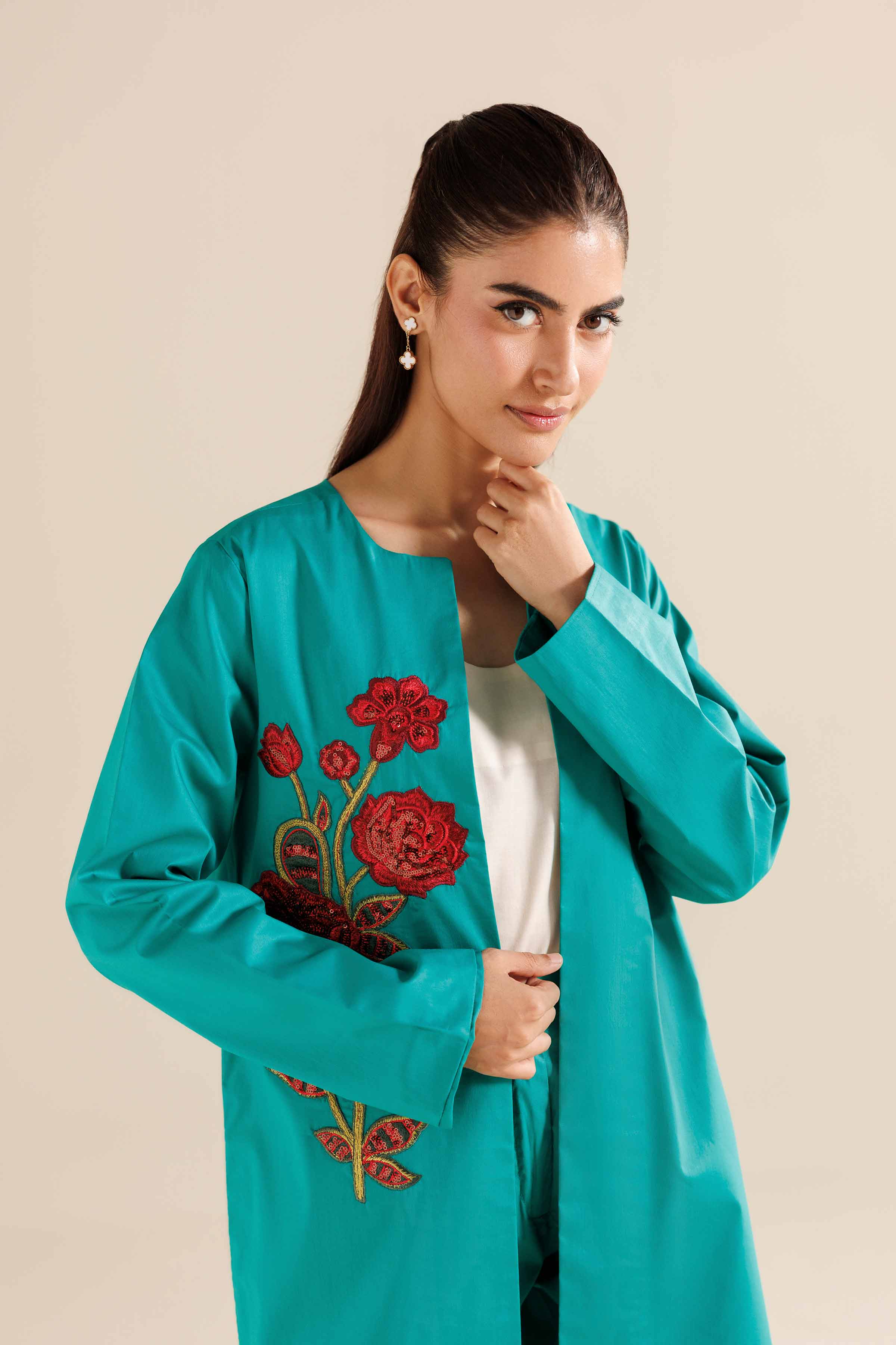 2 Piece - Embroidered Suit - AW25-09 READY TO WEAR Green Silk 2PC Embroidered