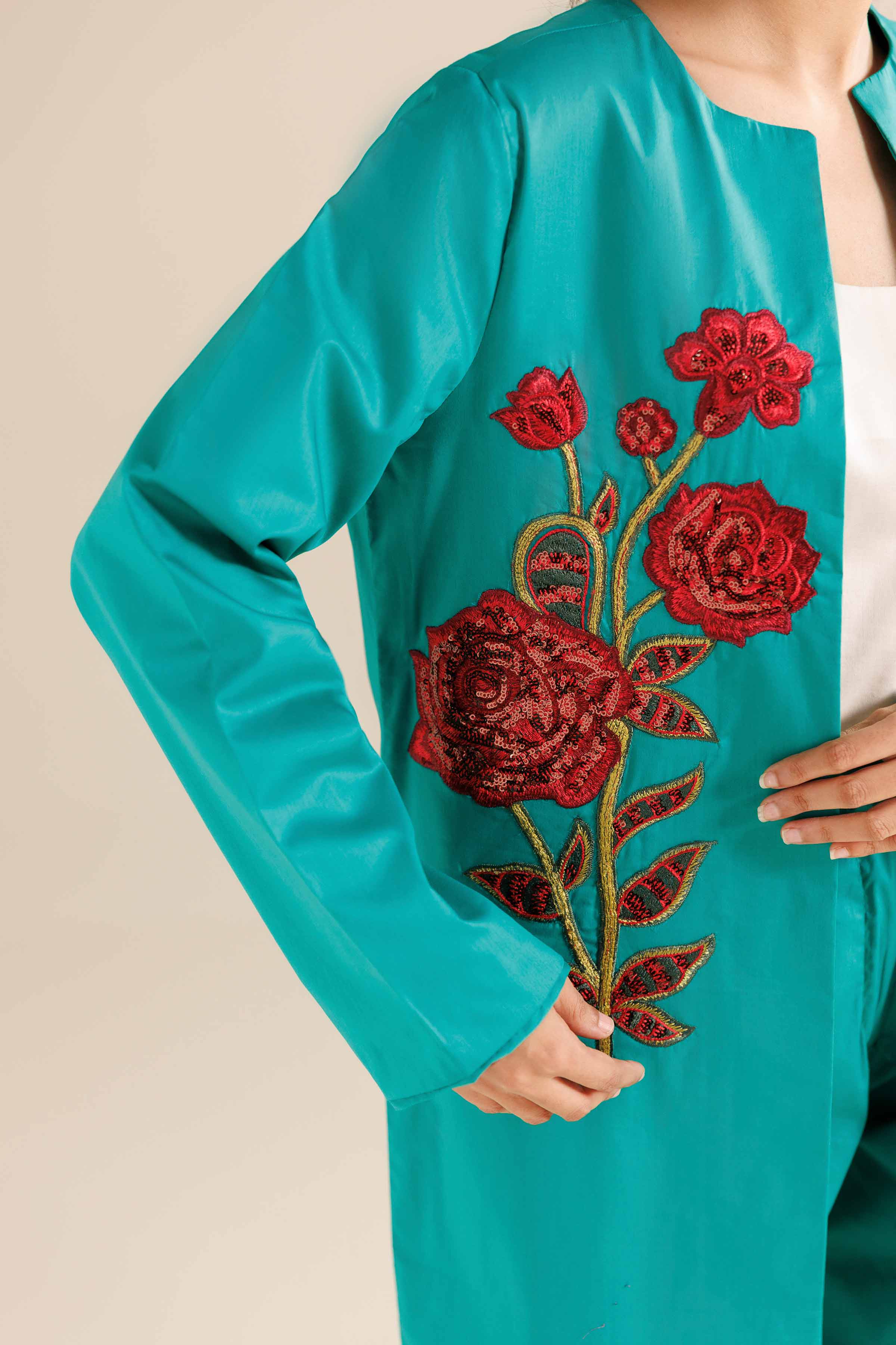 2 Piece - Embroidered Suit - AW25-09 READY TO WEAR Green Silk 2PC Embroidered