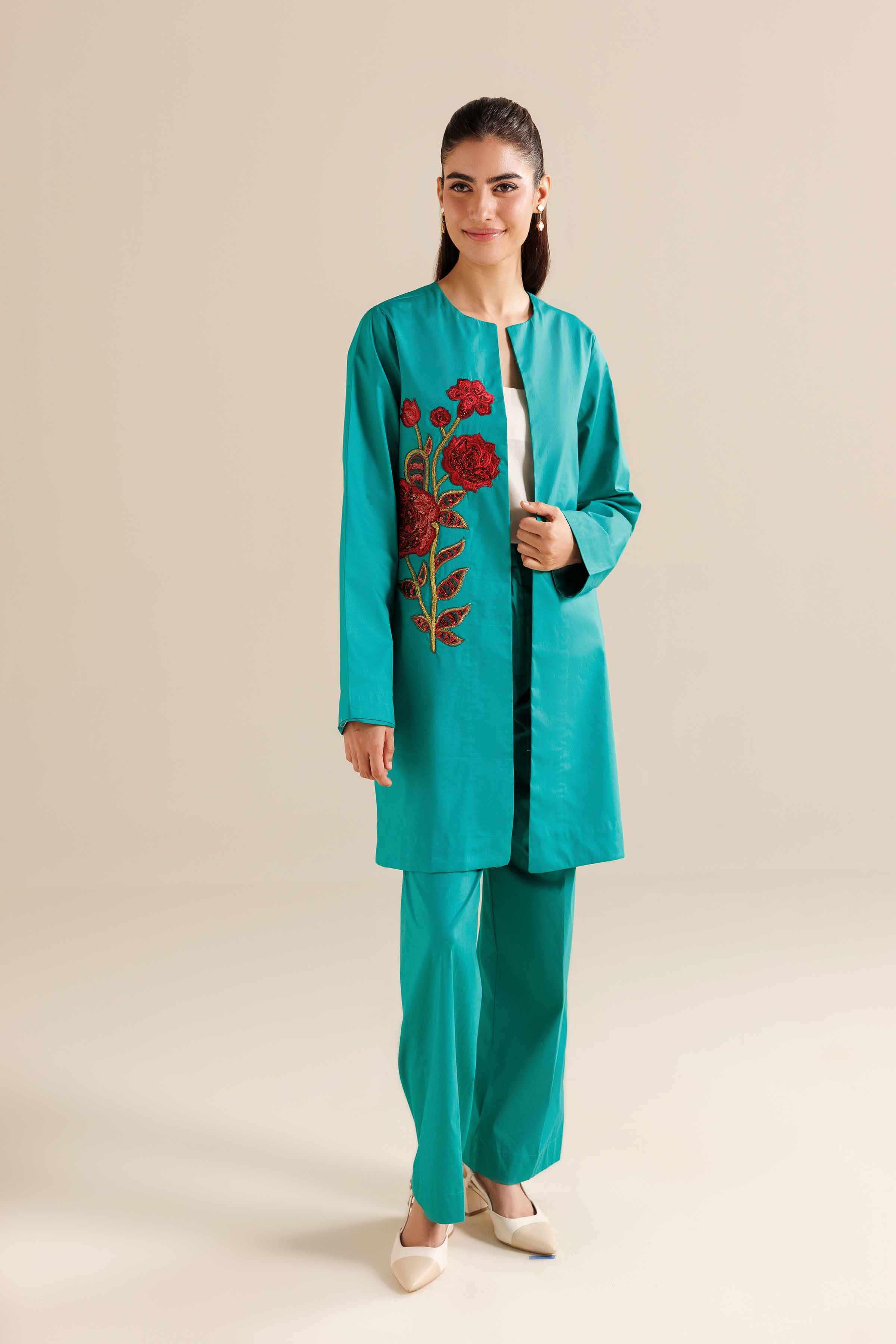 2 Piece - Embroidered Suit - AW25-09 READY TO WEAR Green Silk 2PC Embroidered