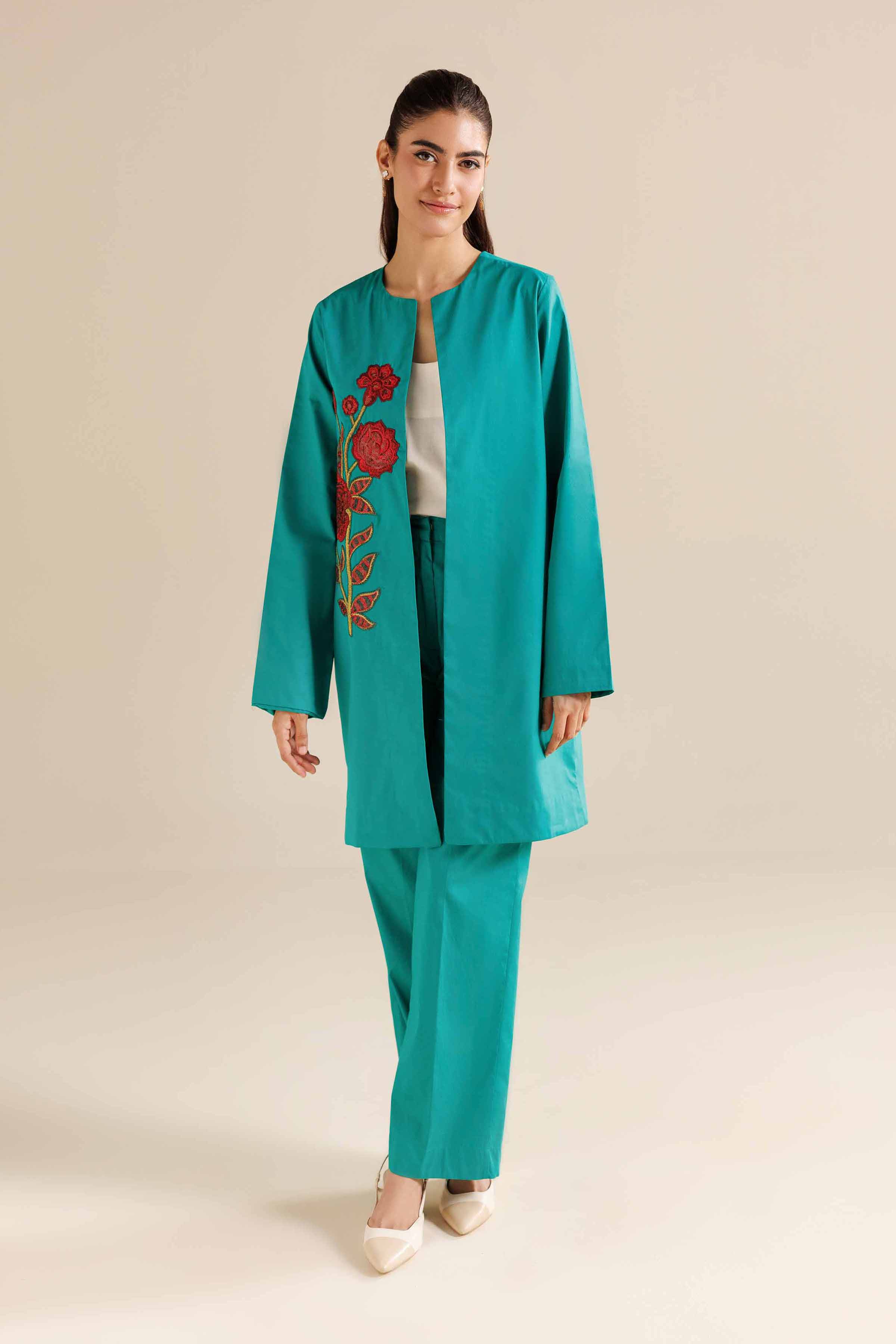 2 Piece - Embroidered Suit - AW25-09 READY TO WEAR Green Silk 2PC Embroidered
