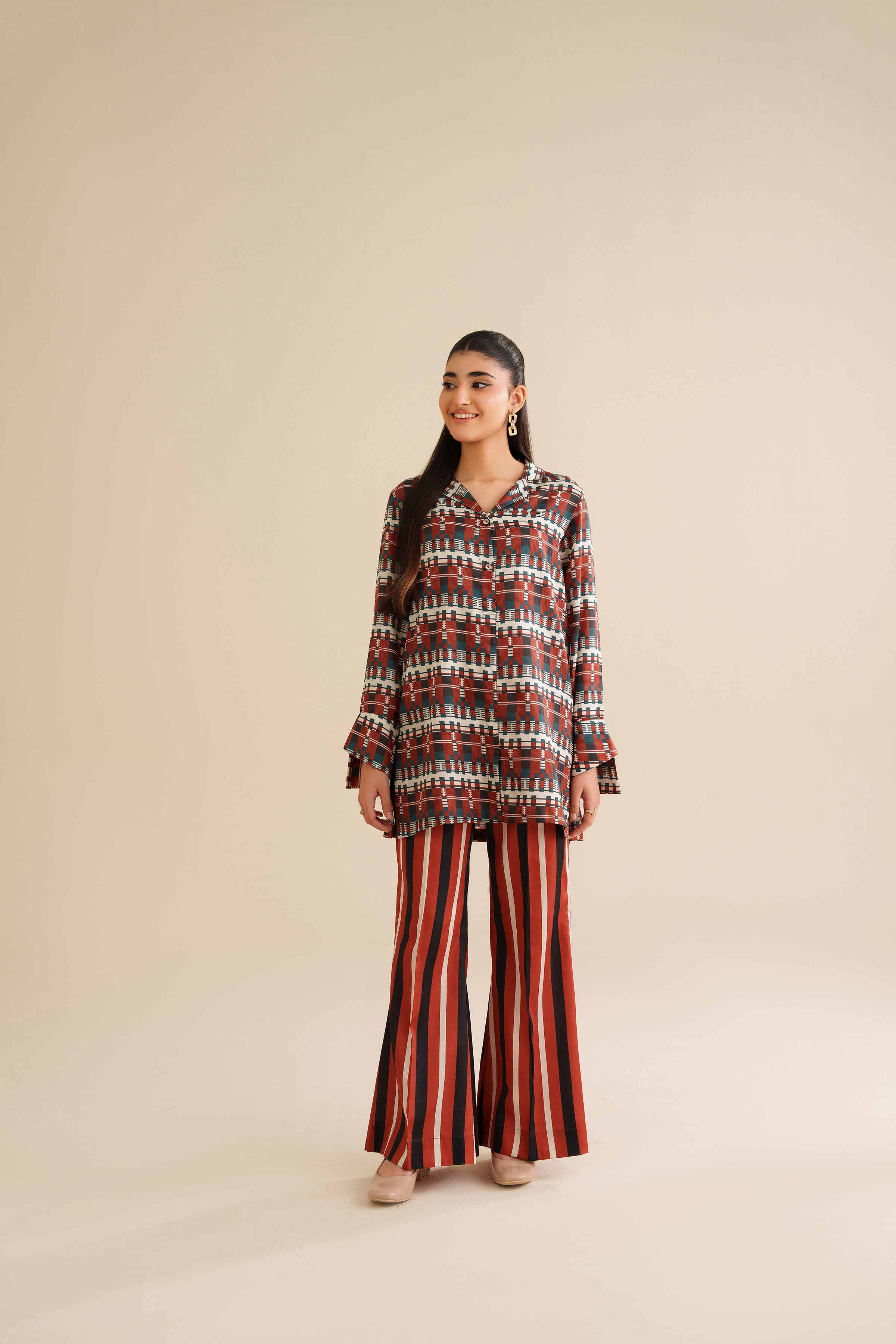 2 Piece - Printed Suit - AW25-13 READY TO WEAR Red Satin 2 Pieces Printed