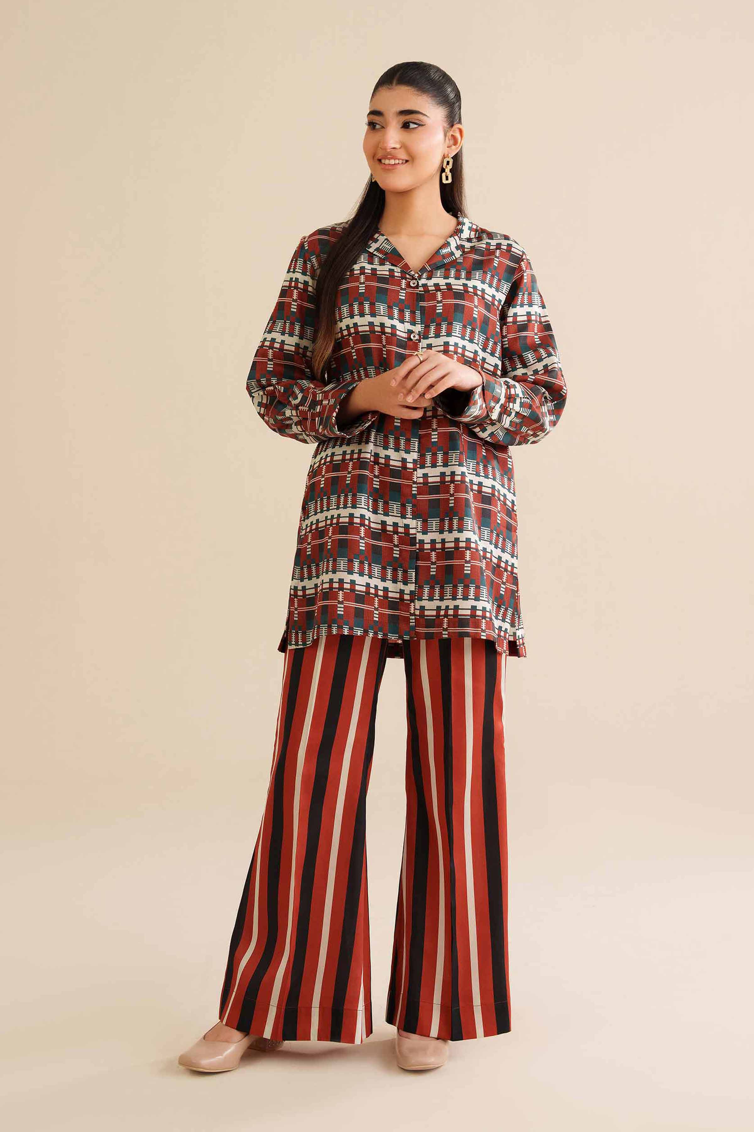 2 Piece - Printed Suit - AW25-13 READY TO WEAR Red Satin 2 Pieces Printed