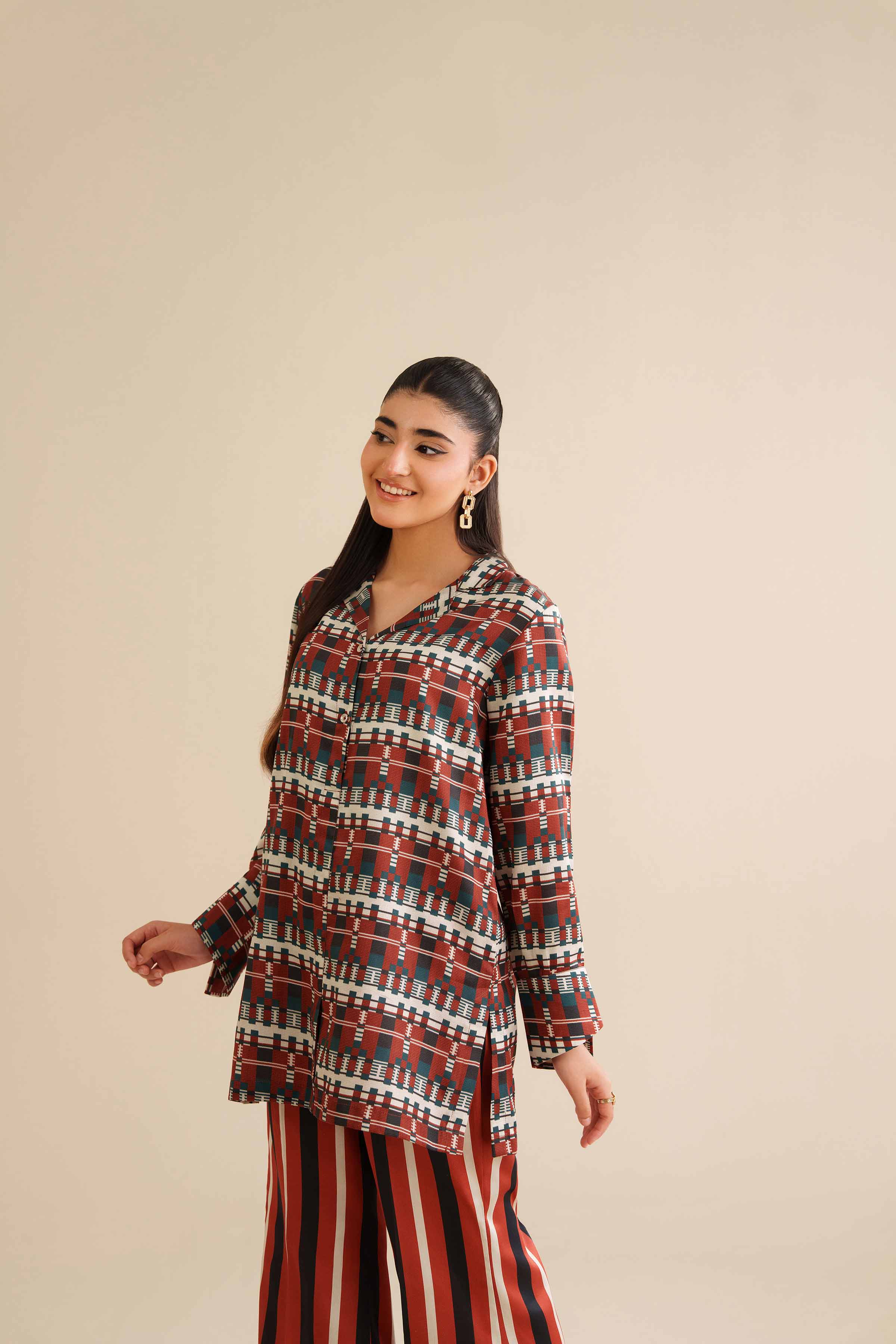 2 Piece - Printed Suit - AW25-13 READY TO WEAR Red Satin 2 Pieces Printed