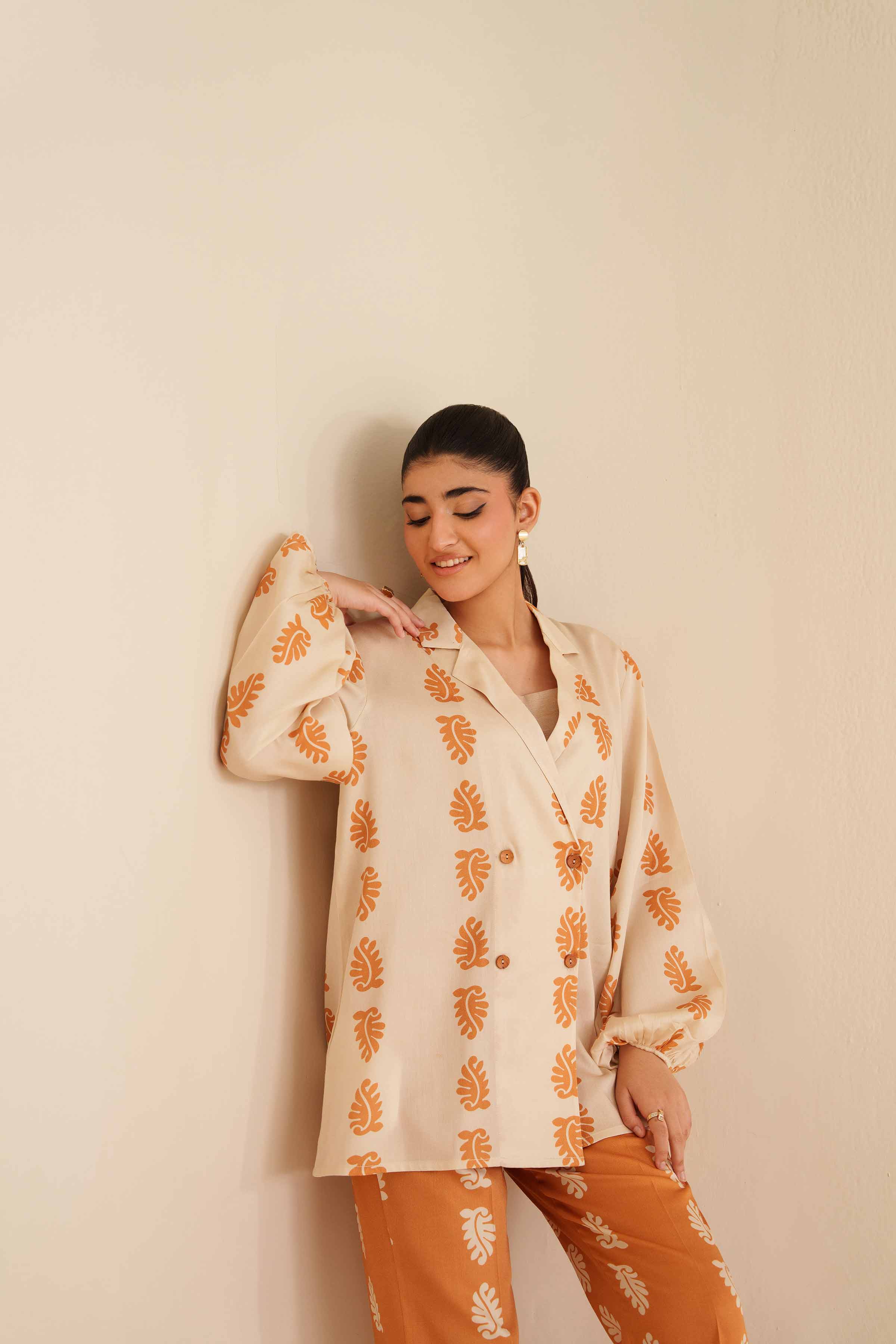 2 Piece - Printed Suit - AW25-40 READY TO WEAR Beige Satin 2 Pieces Printed