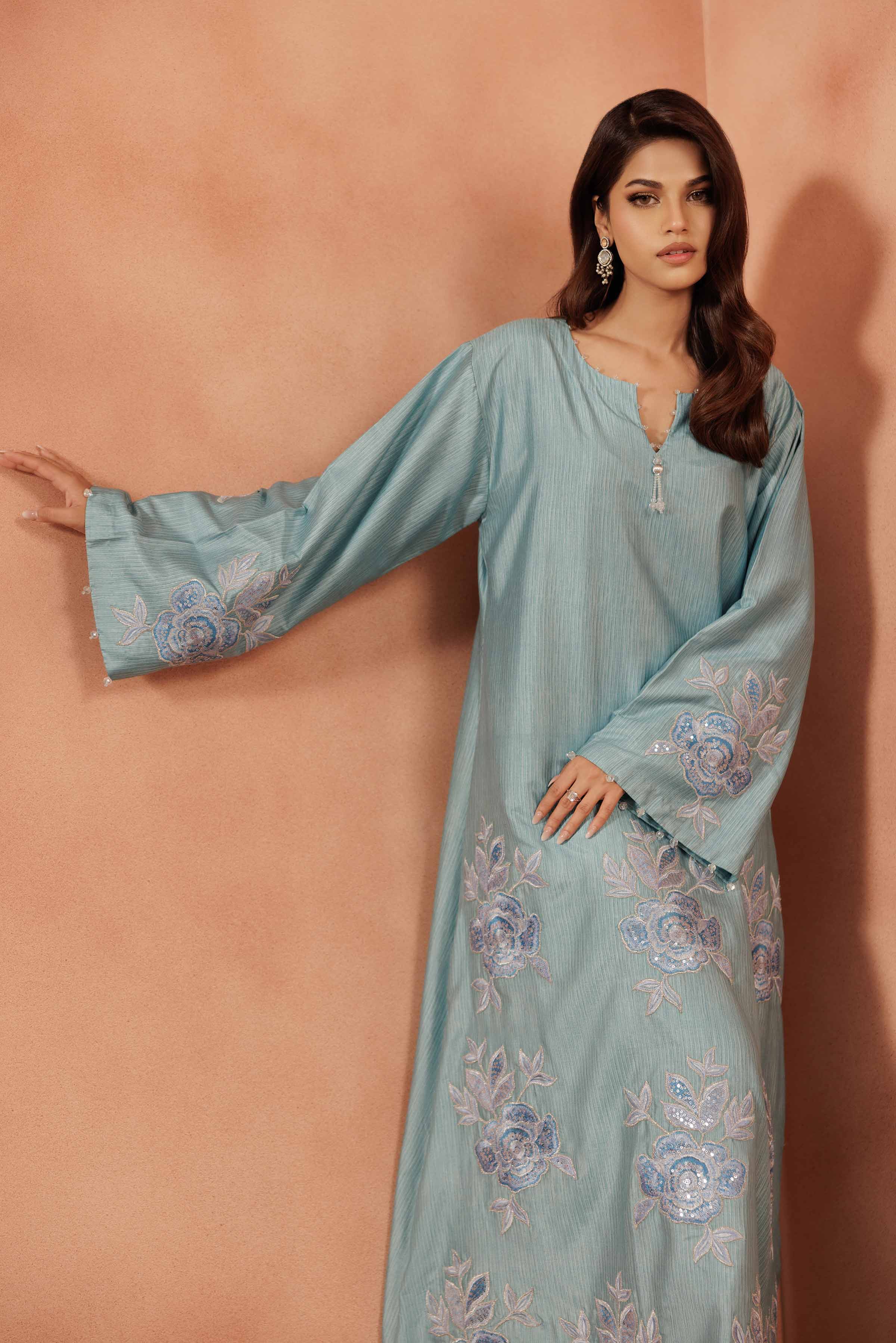 Embroidered Dress - FE25-59 READY TO WEAR Blue Silk 1PC Embroidered