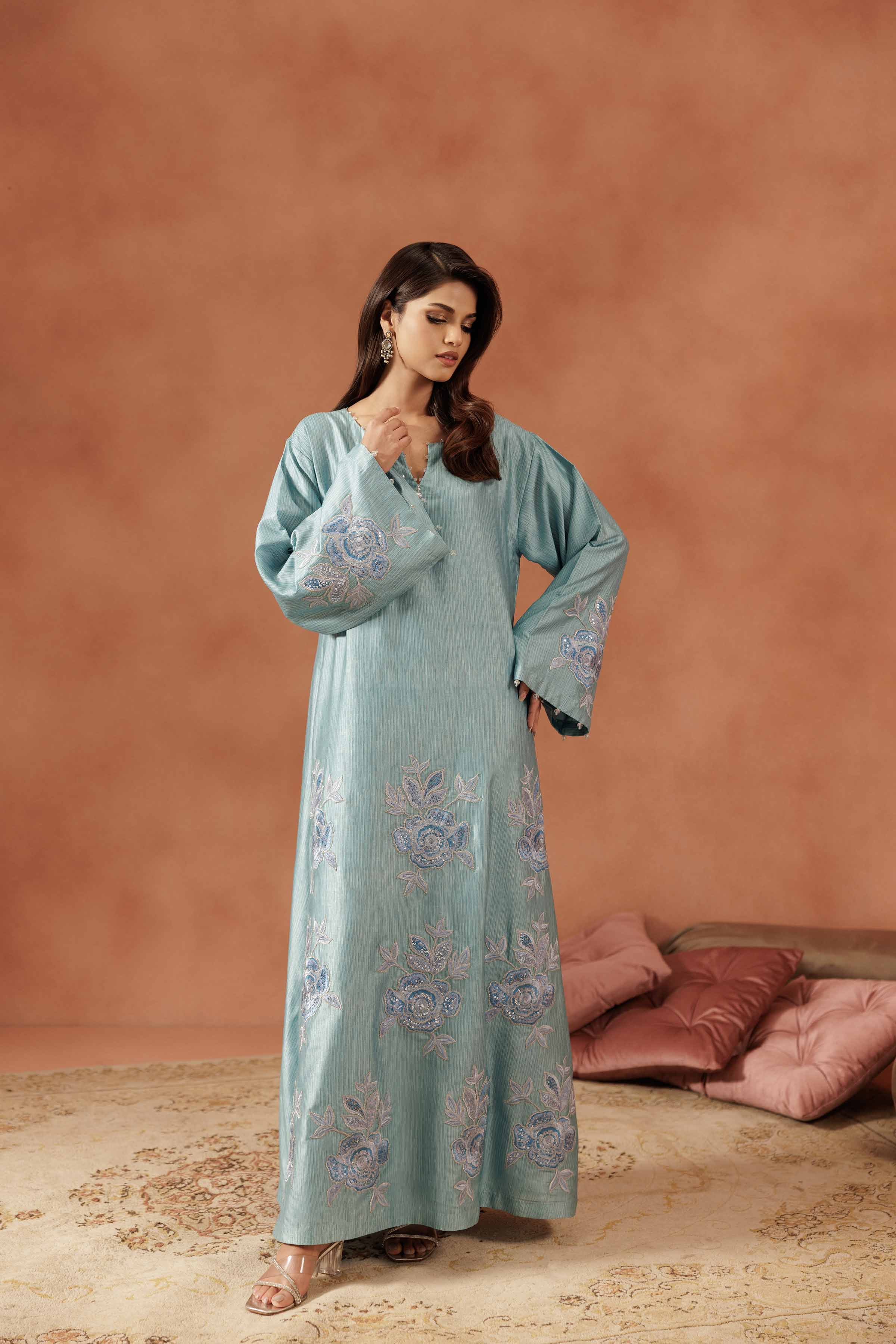 Embroidered Dress - FE25-59 READY TO WEAR Blue Silk 1PC Embroidered
