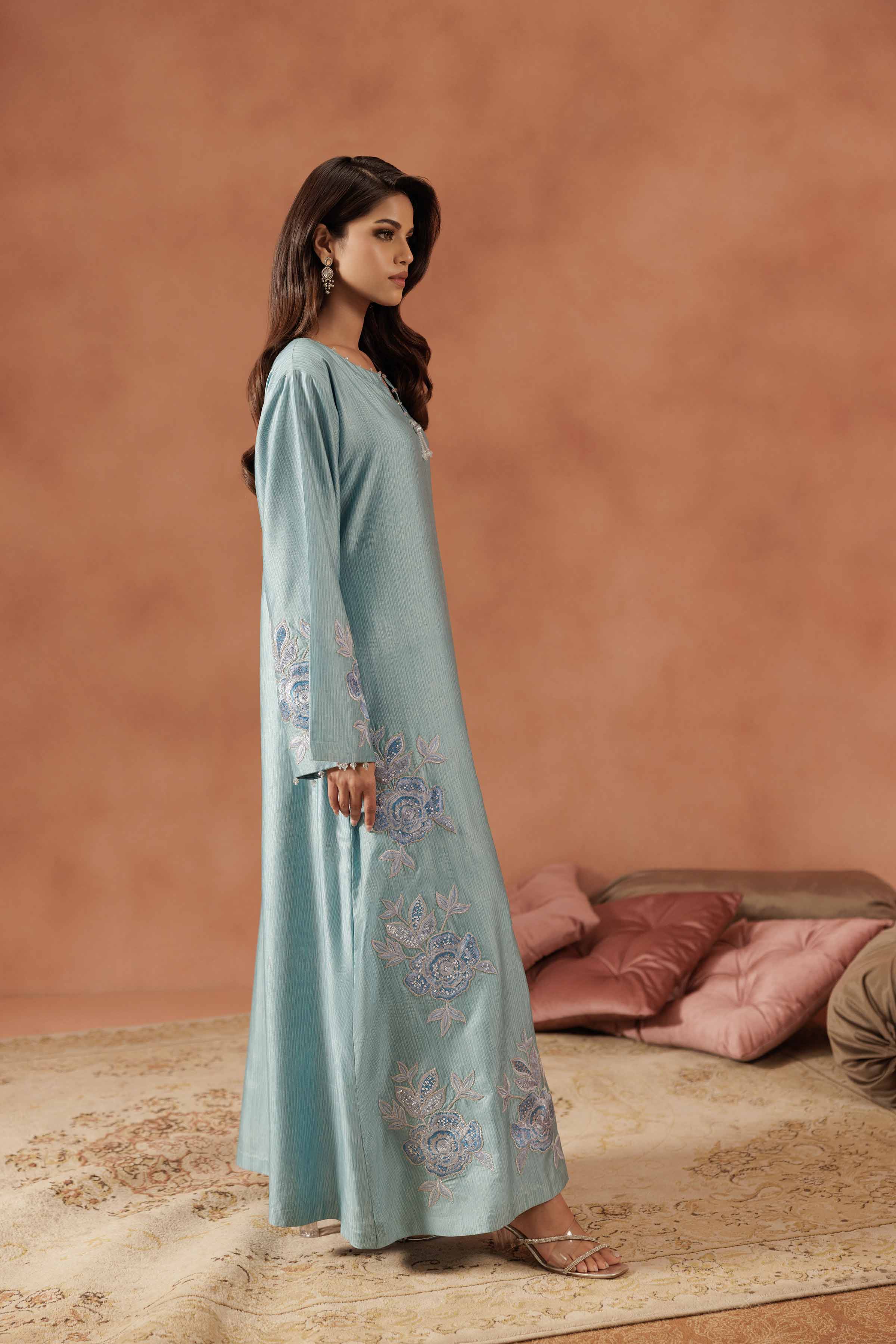 Embroidered Dress - FE25-59 READY TO WEAR Blue Silk 1PC Embroidered