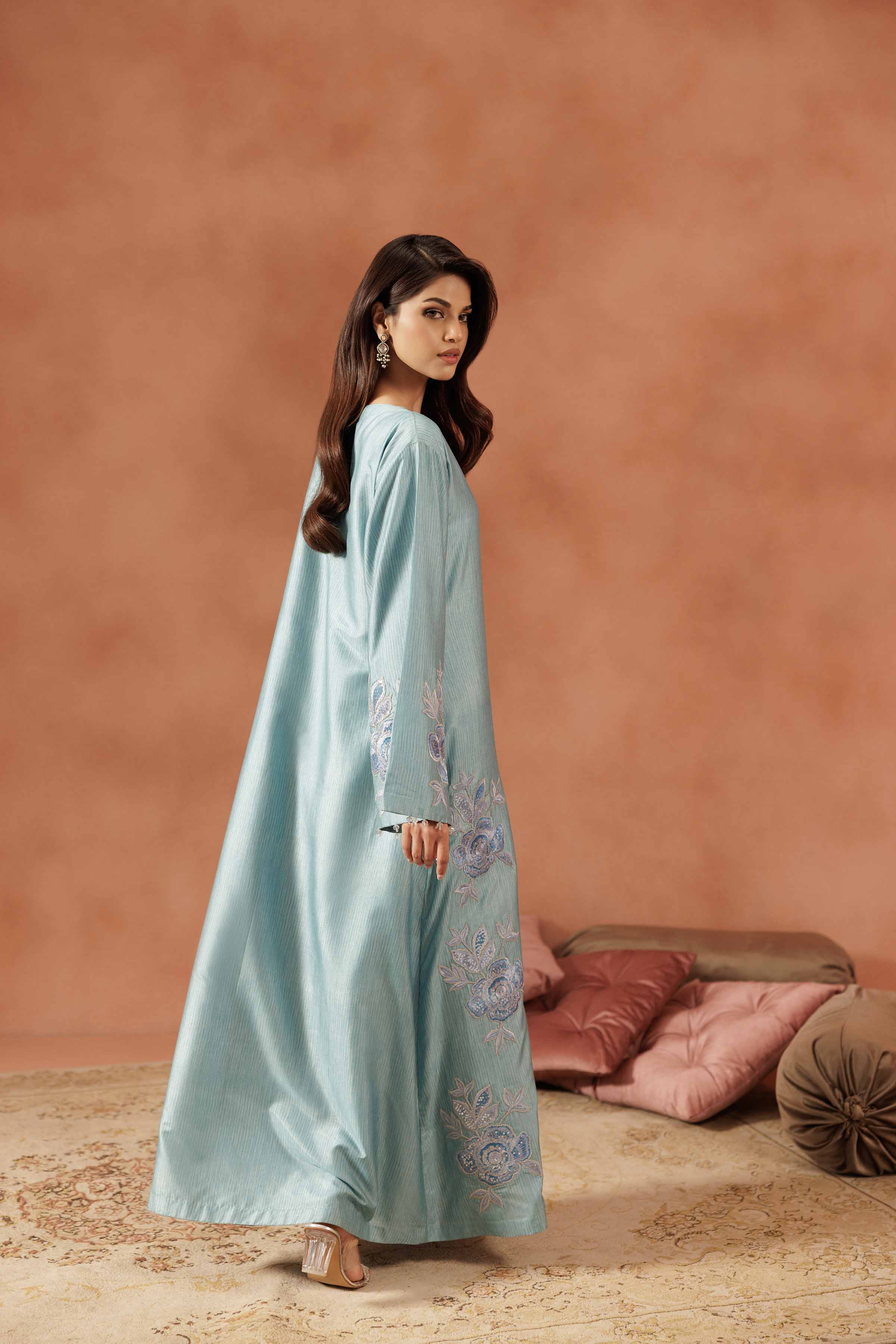 Embroidered Dress - FE25-59 READY TO WEAR Blue Silk 1PC Embroidered