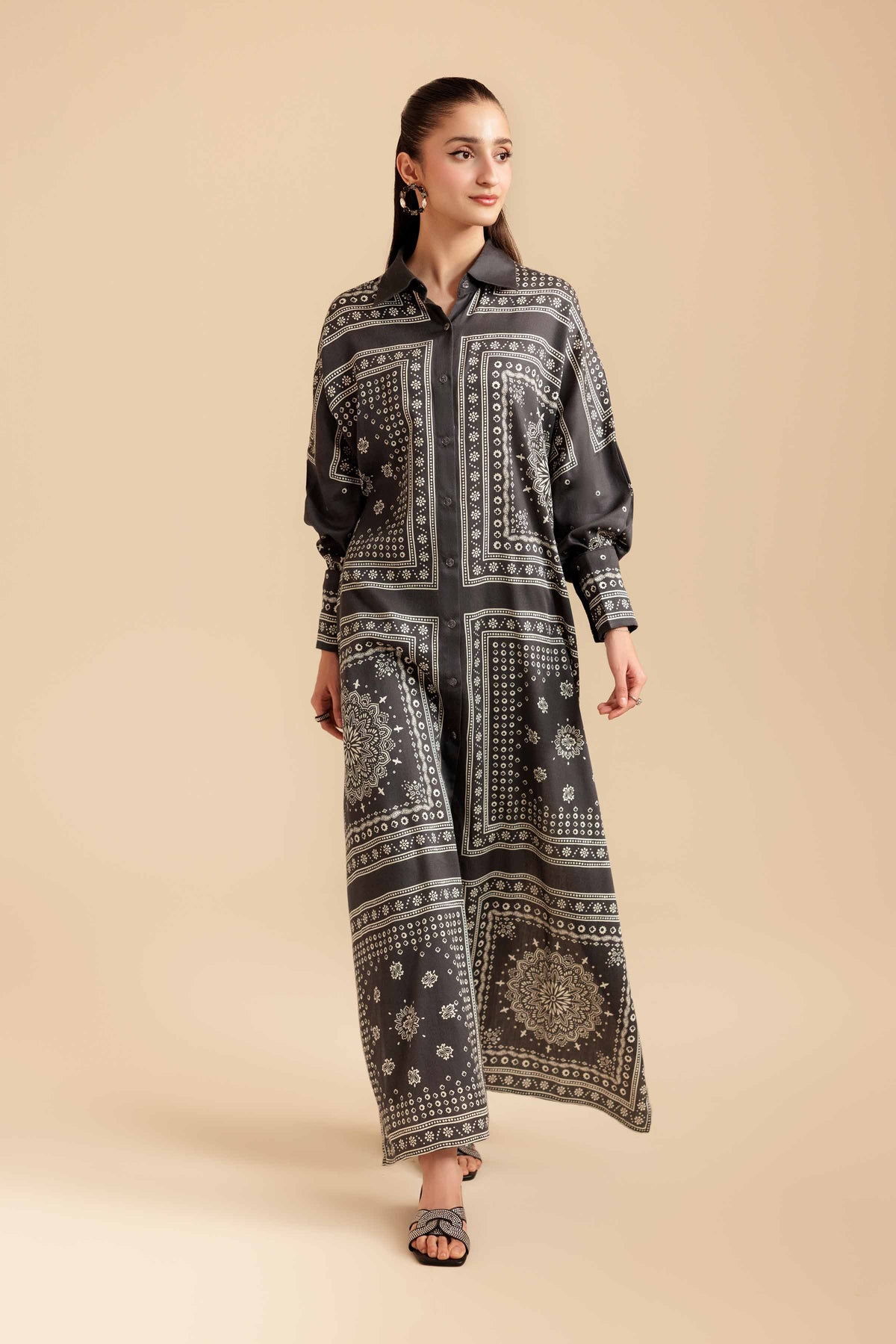 Printed Shirt - FS25-48 Grey Satin 1PC Printed Nishat Australia