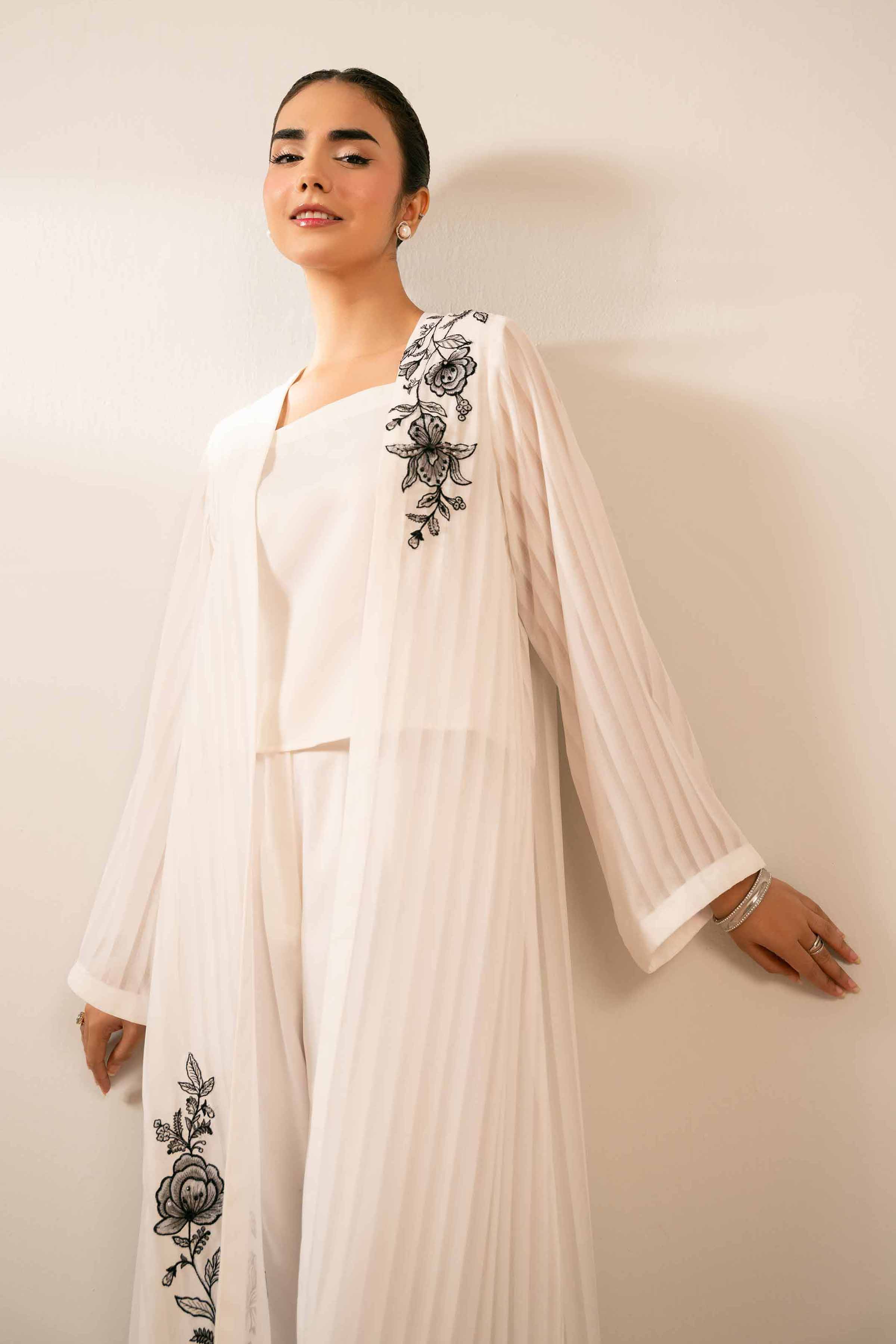 3 Piece - Embroidered Suit - FS25-70 READY TO WEAR White Chiffon 3PC Embroidered