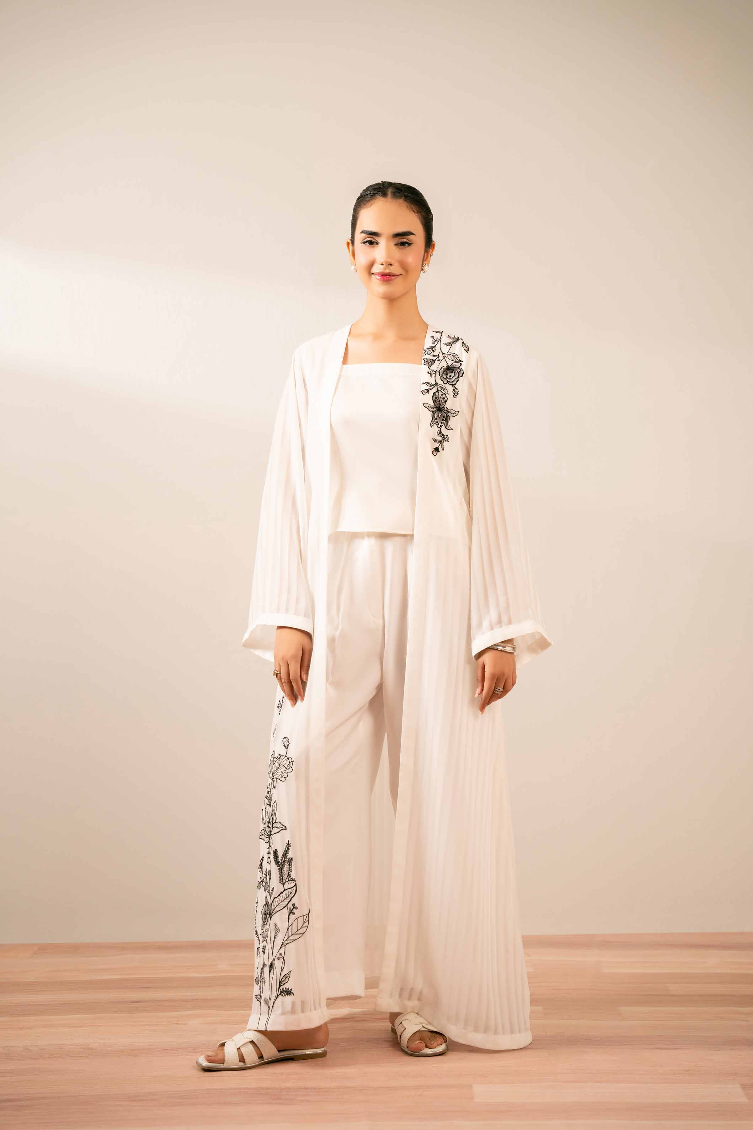 3 Piece - Embroidered Suit - FS25-70 READY TO WEAR White Chiffon 3PC Embroidered
