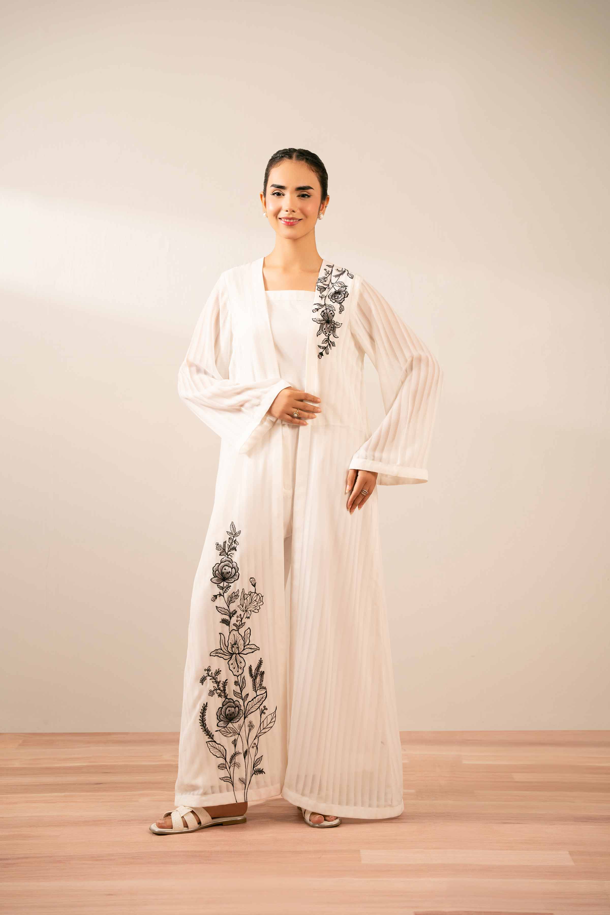 3 Piece - Embroidered Suit - FS25-70 READY TO WEAR White Chiffon 3PC Embroidered