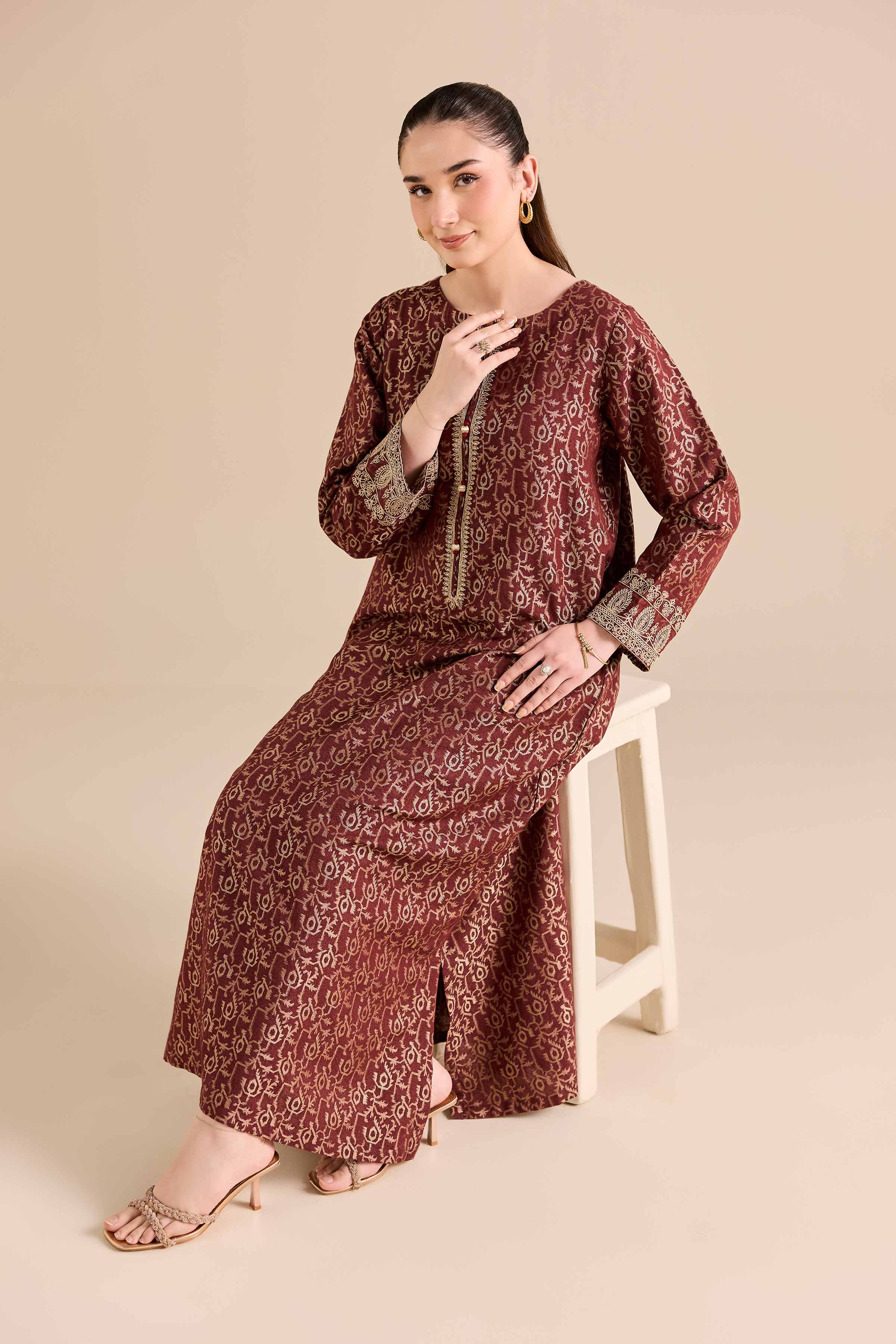 Embroidered Shirt - FW25-15 READY TO WEAR Red Jacquard 1PC Embroidered