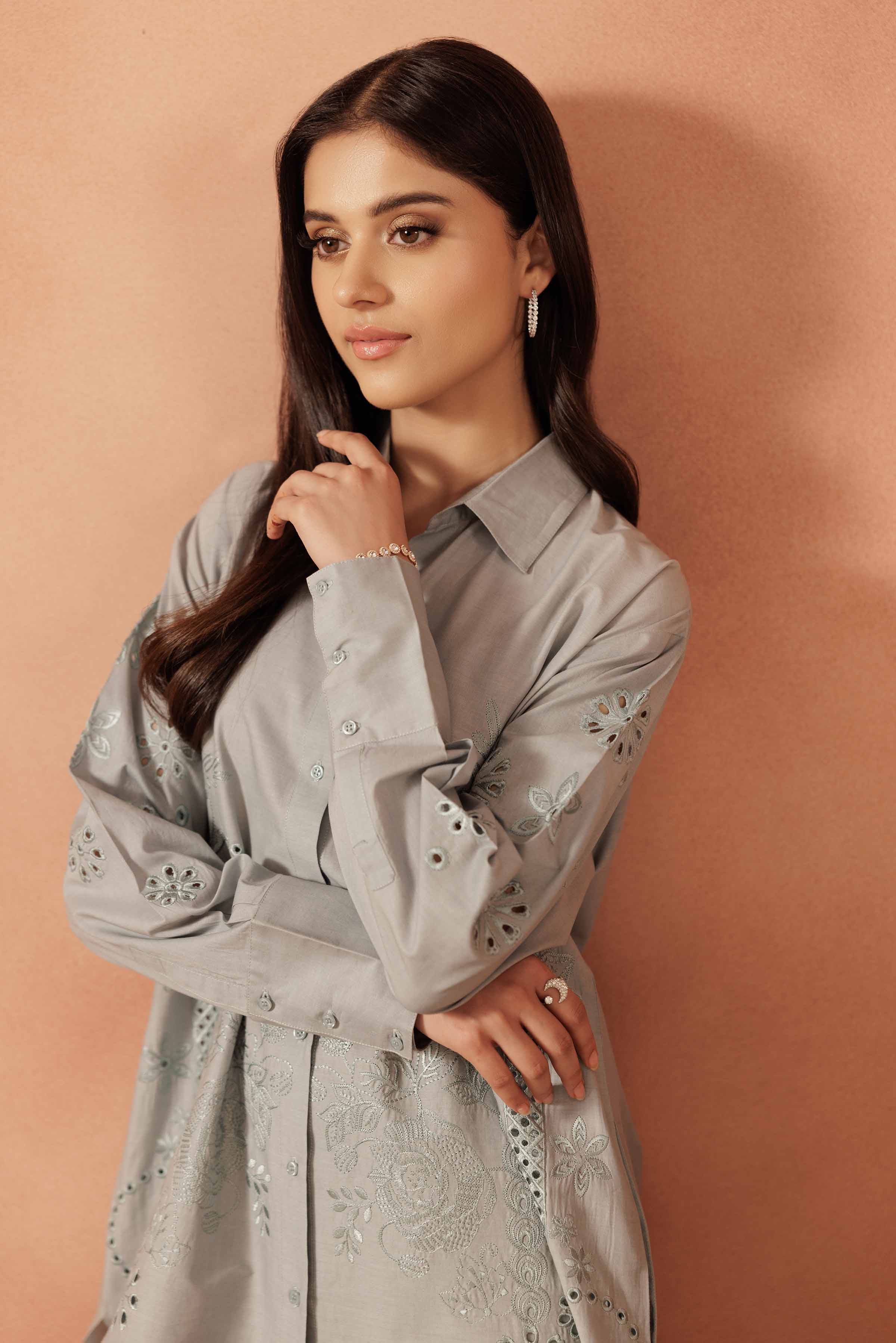2 Piece - Embroidered Suit - KFE25-111 READY TO WEAR - LUXURY Grey Cambric 2PC Embroidered