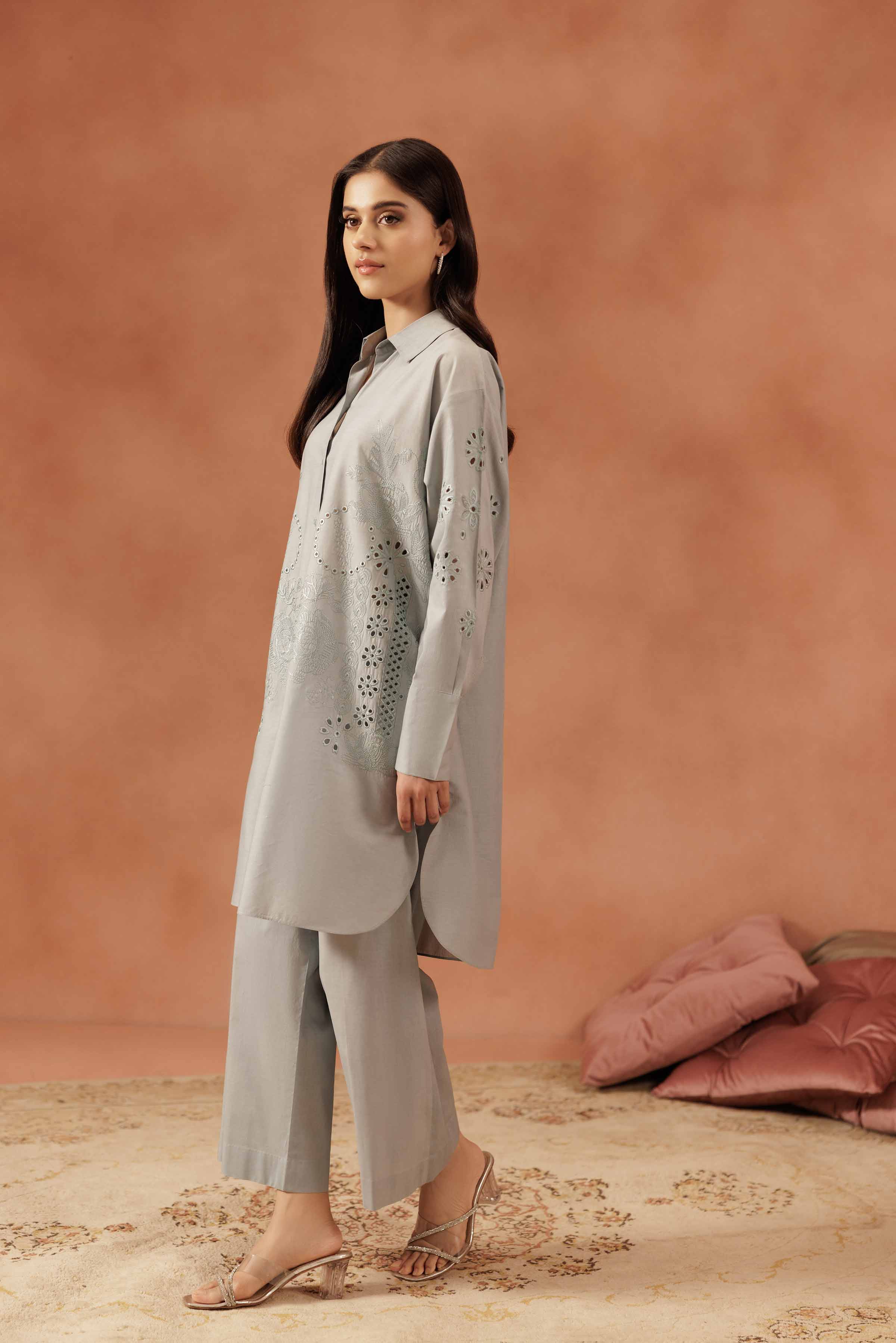 2 Piece - Embroidered Suit - KFE25-111 READY TO WEAR - LUXURY Grey Cambric 2PC Embroidered