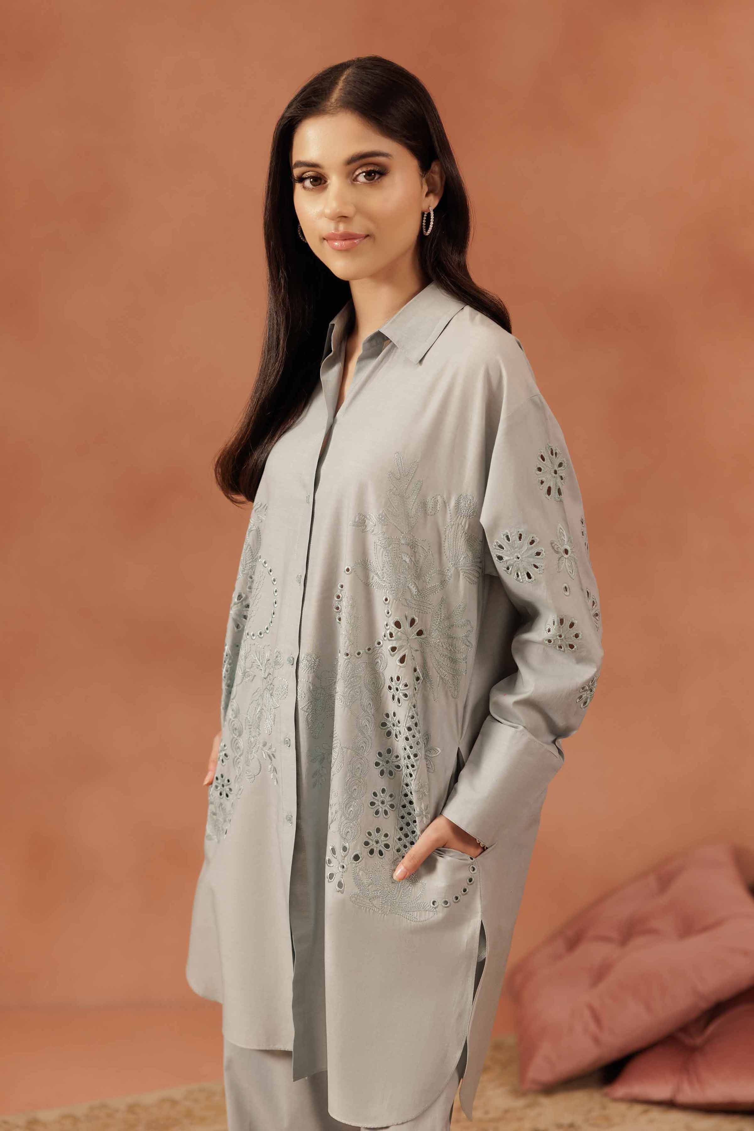 2 Piece - Embroidered Suit - KFE25-111 READY TO WEAR - LUXURY Grey Cambric 2PC Embroidered