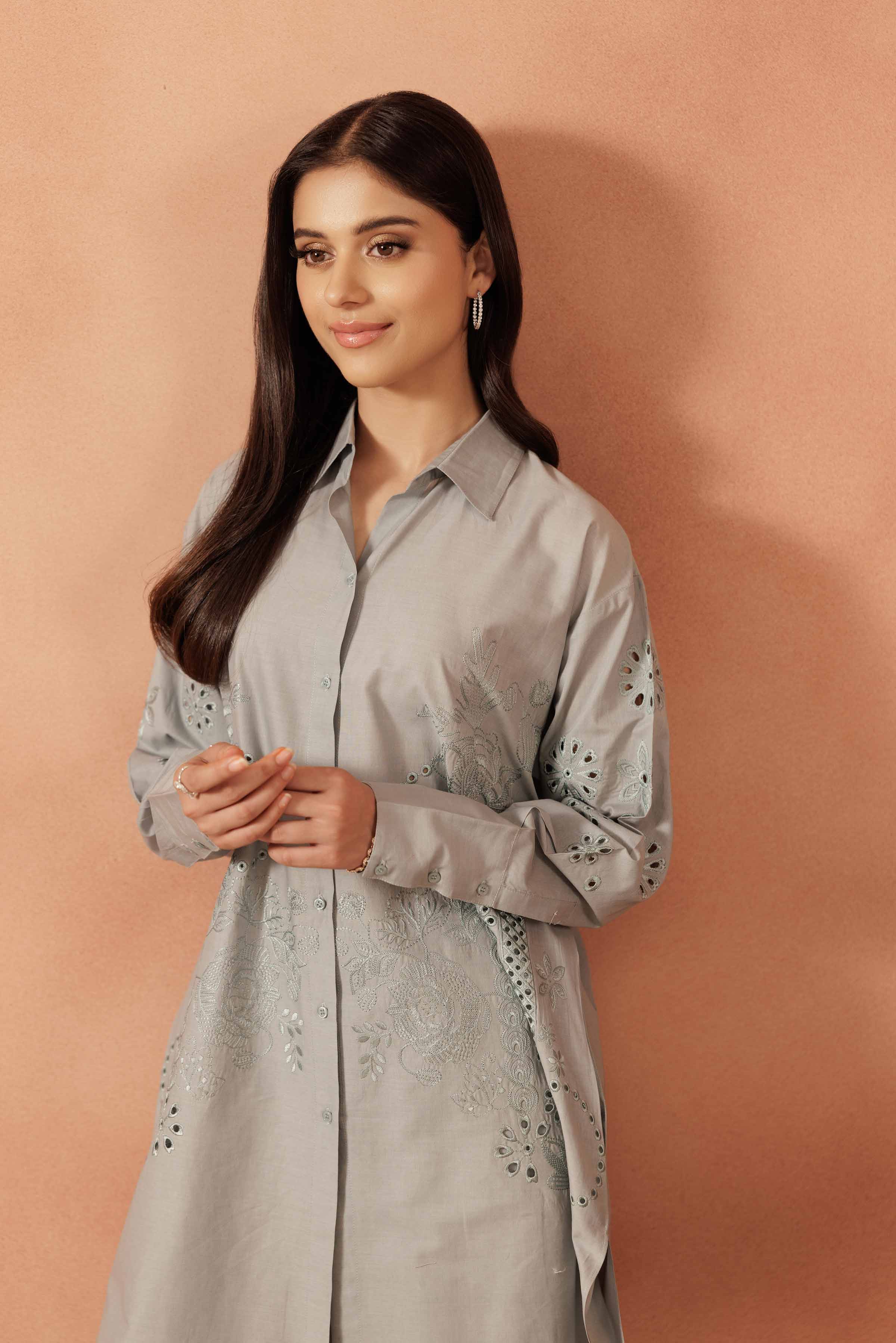 2 Piece - Embroidered Suit - KFE25-111 READY TO WEAR - LUXURY Grey Cambric 2PC Embroidered
