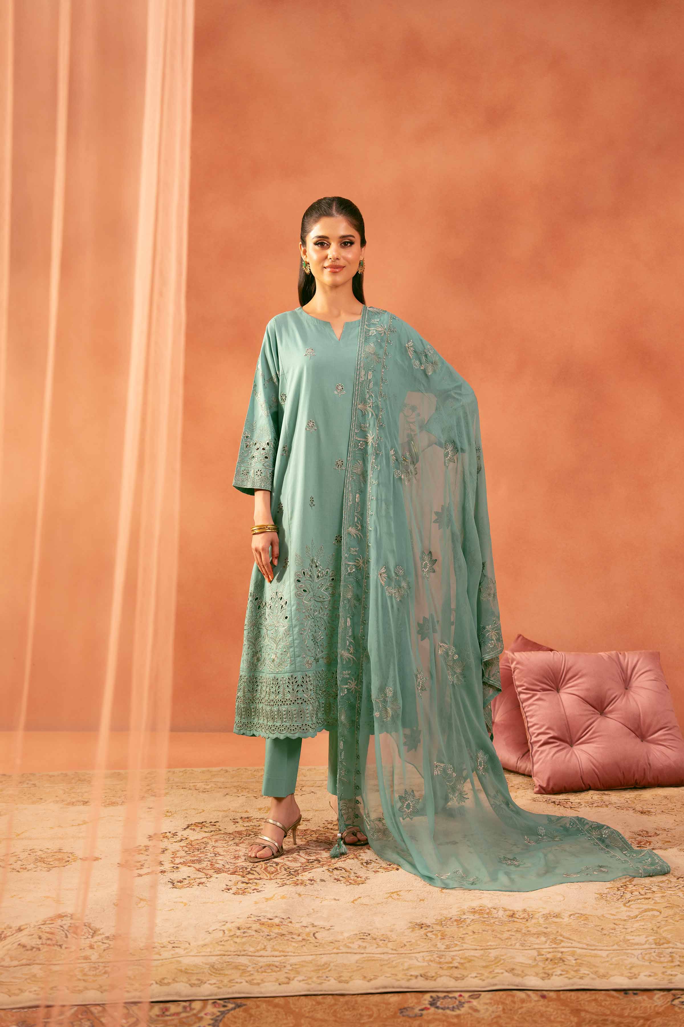 3 Piece - Embroidered Suit - KFE25-151 READY TO WEAR - LUXURY Green Cambric 3PC Embroidered