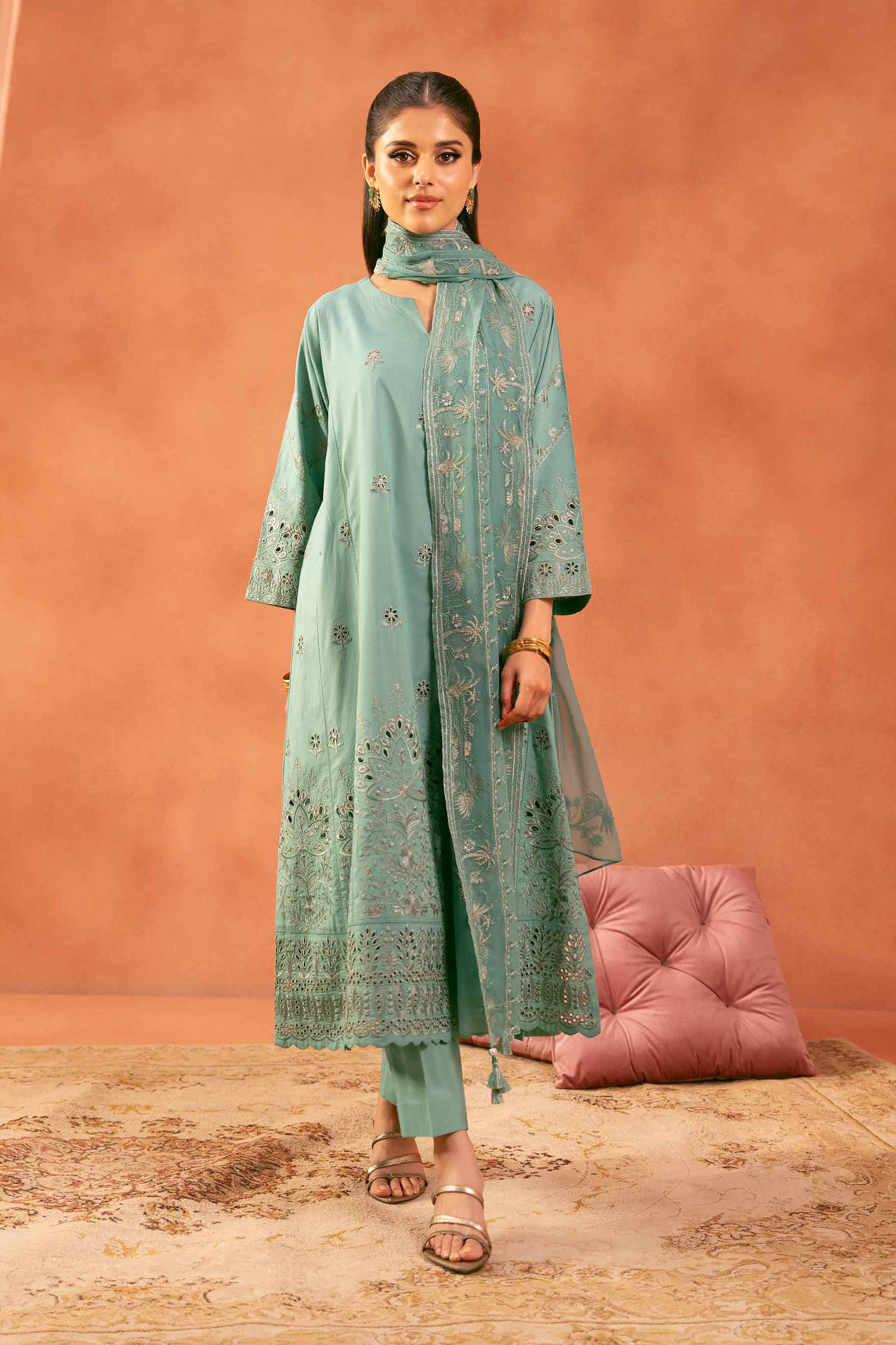 3 Piece - Embroidered Suit - KFE25-151 READY TO WEAR - LUXURY Green Cambric 3PC Embroidered