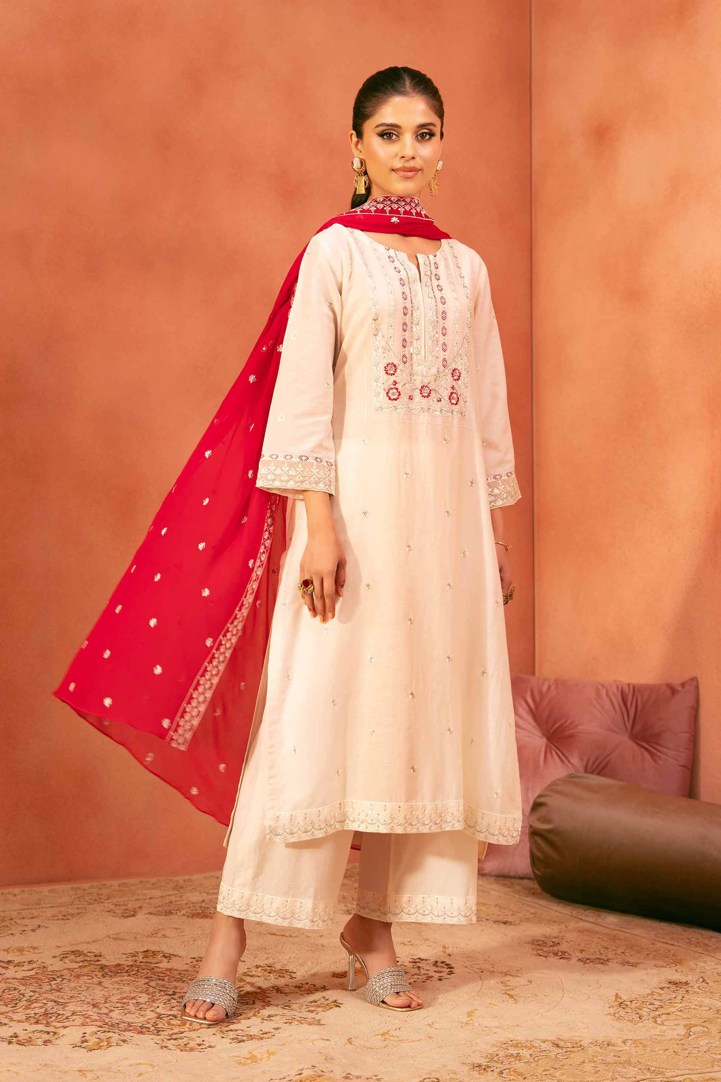 3 Piece - Embroidered Suit - KFE25-167 READY TO WEAR - LUXURY Off White Cambric 3PC Embroidered