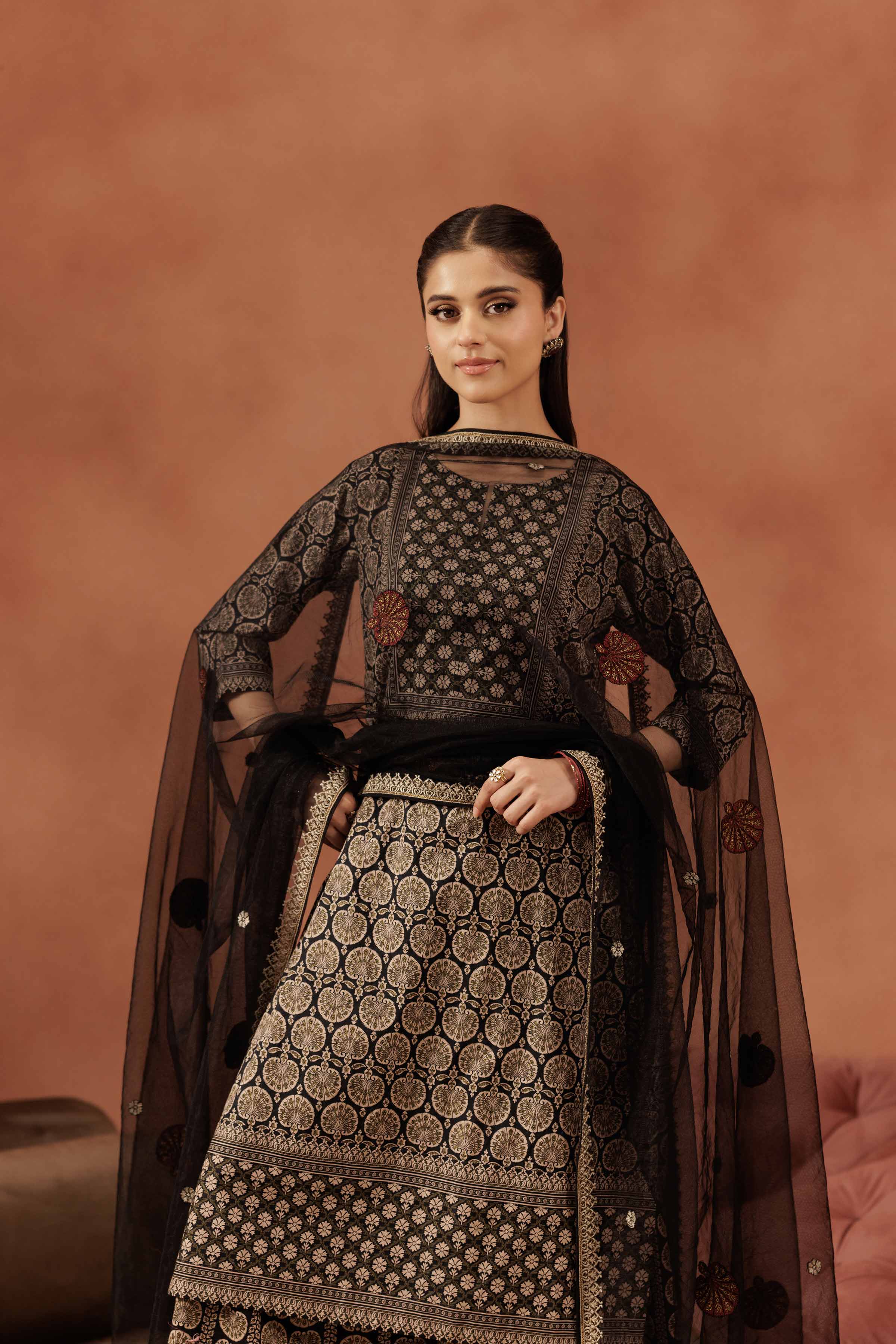 3 Piece - Printed Embroidered Suit - KFE25-173 READY TO WEAR - LUXURY Black Cambric 3PC Embroidered
