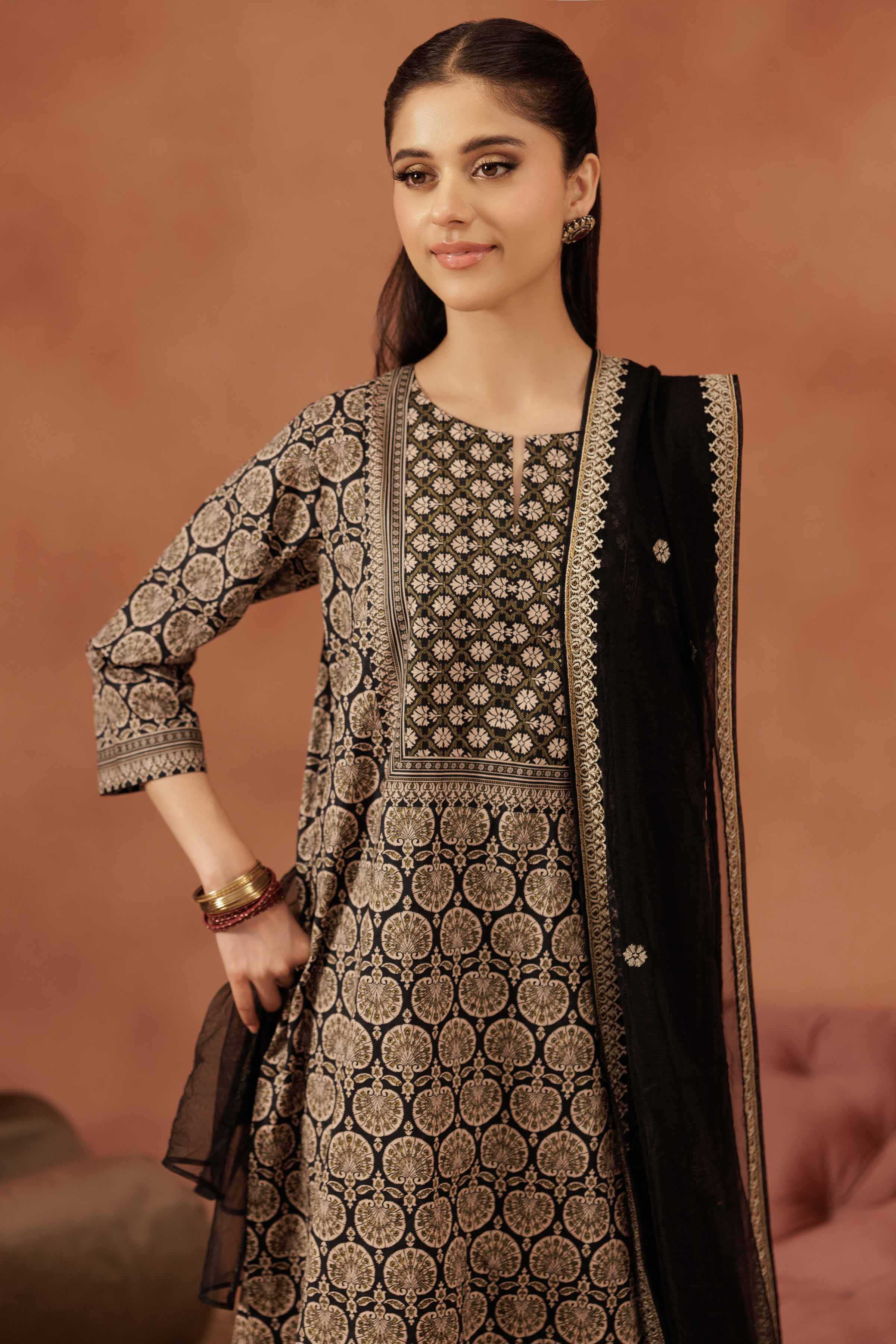 3 Piece - Printed Embroidered Suit - KFE25-173 READY TO WEAR - LUXURY Black Cambric 3PC Embroidered