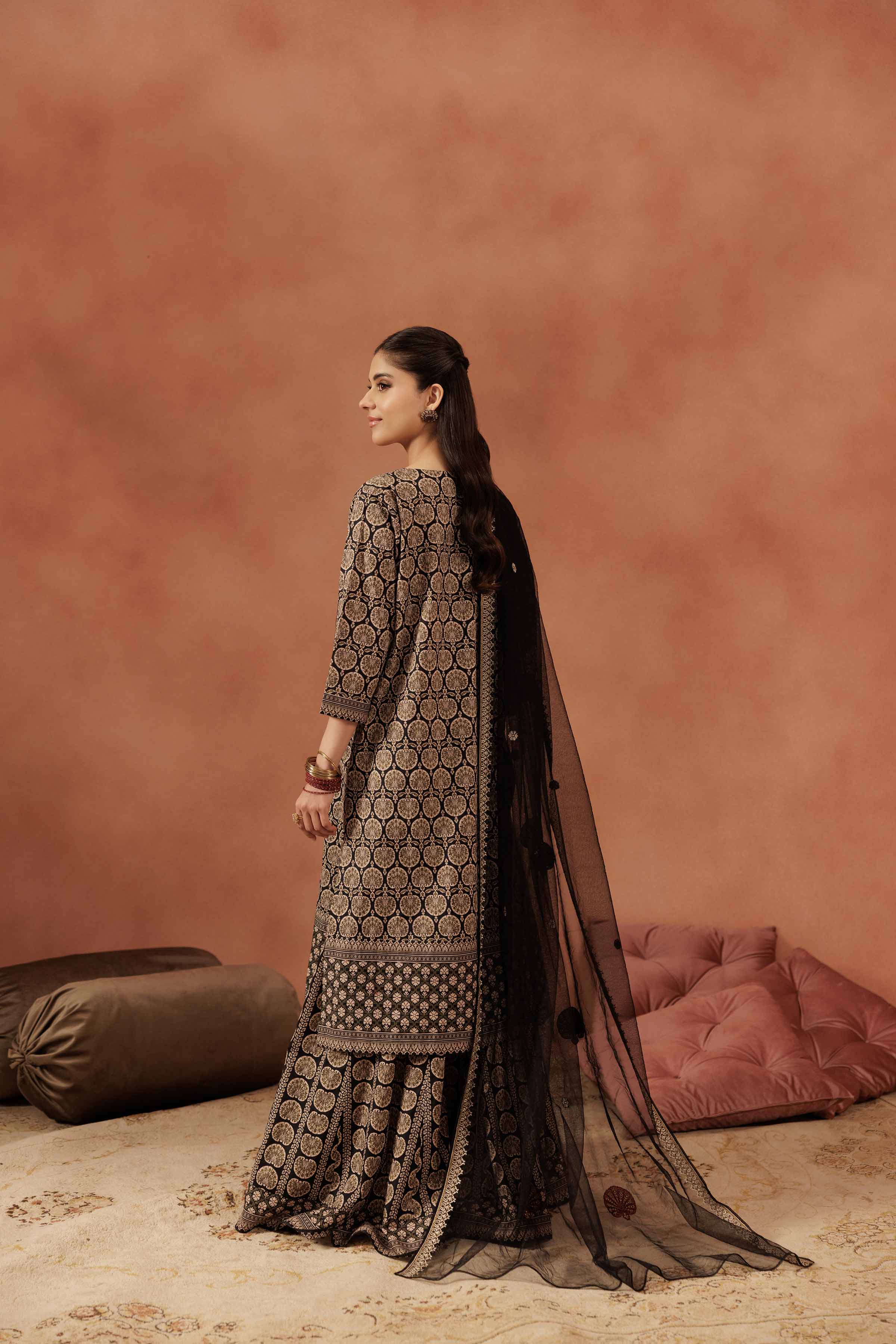 3 Piece - Printed Embroidered Suit - KFE25-173 READY TO WEAR - LUXURY Black Cambric 3PC Embroidered