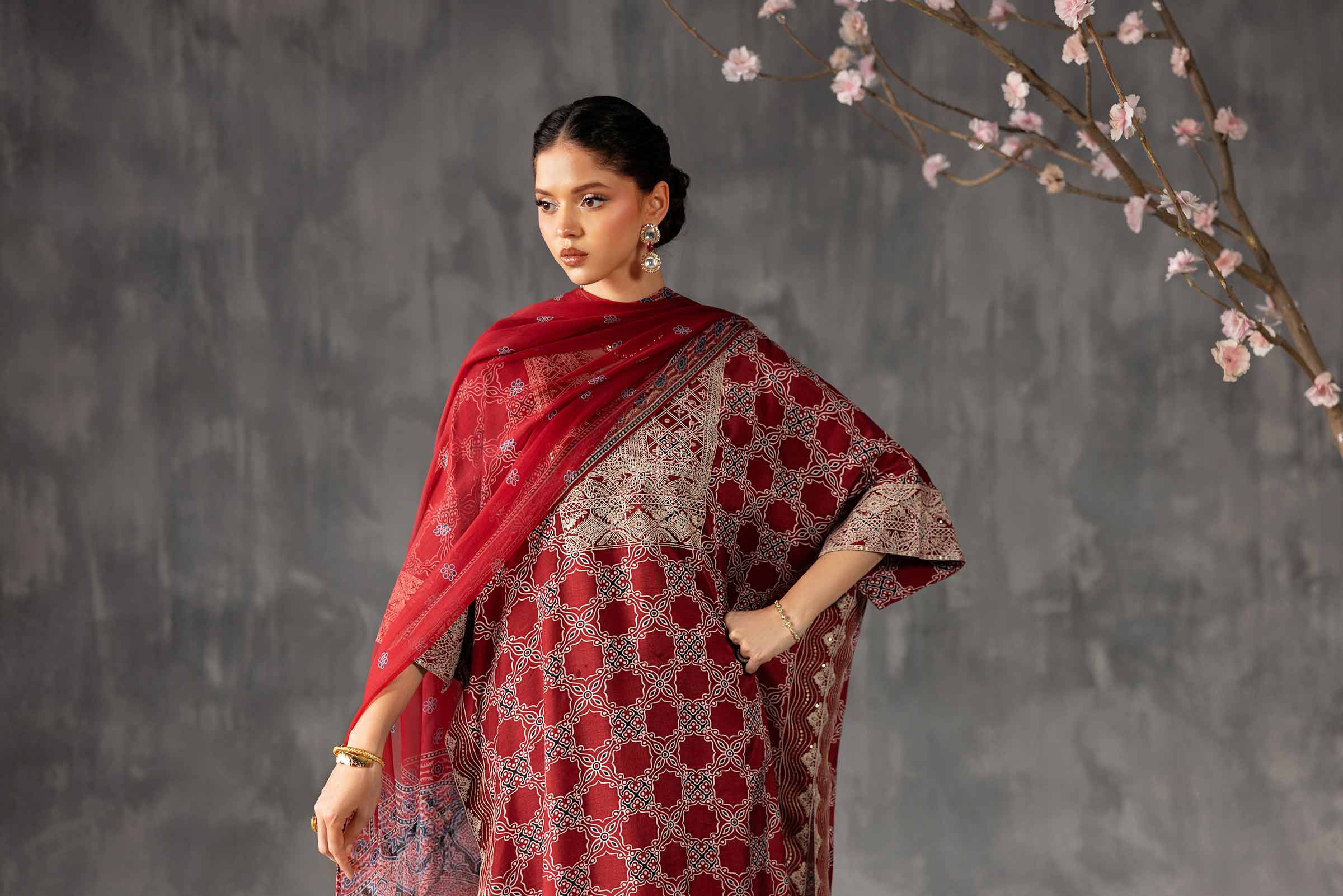 3 Piece - Printed Embroidered Suit - KFE26-108 Red Silk 3PC Embroidered Nishat Australia