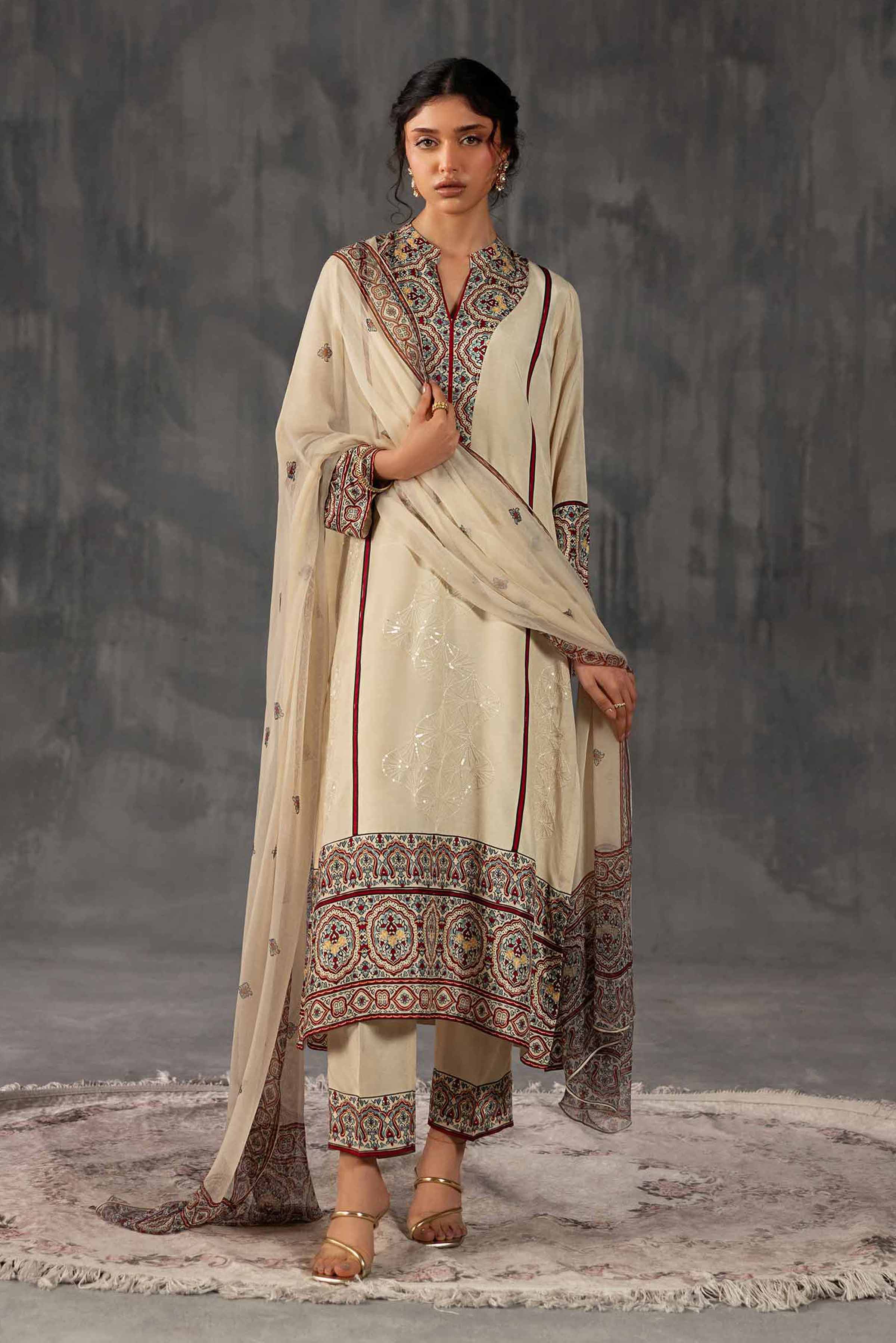 3 Piece - Printed Embroidered Suit - KFE26-109