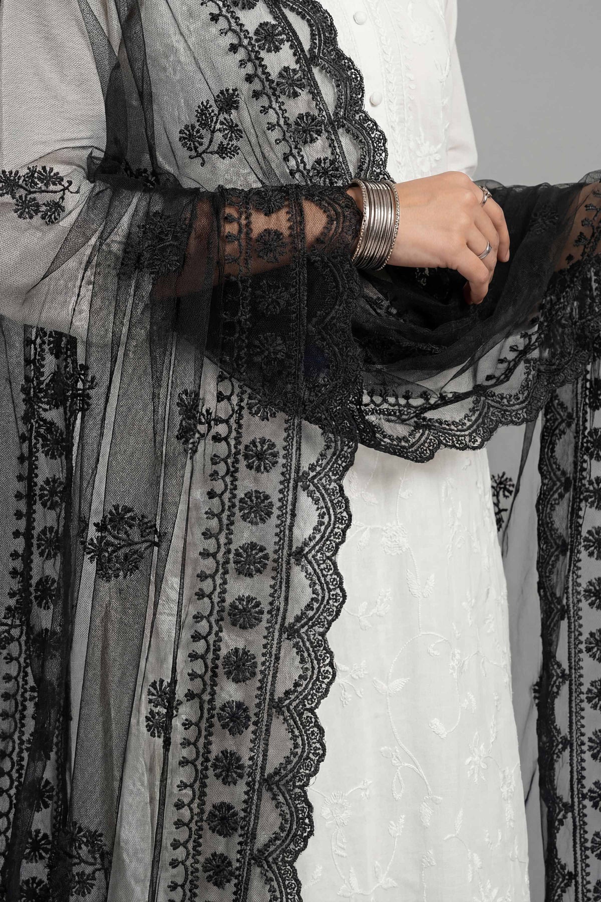 Embroidered Dupatta - KFE26-124Black Net 1PC Embroidered Nishat Australia