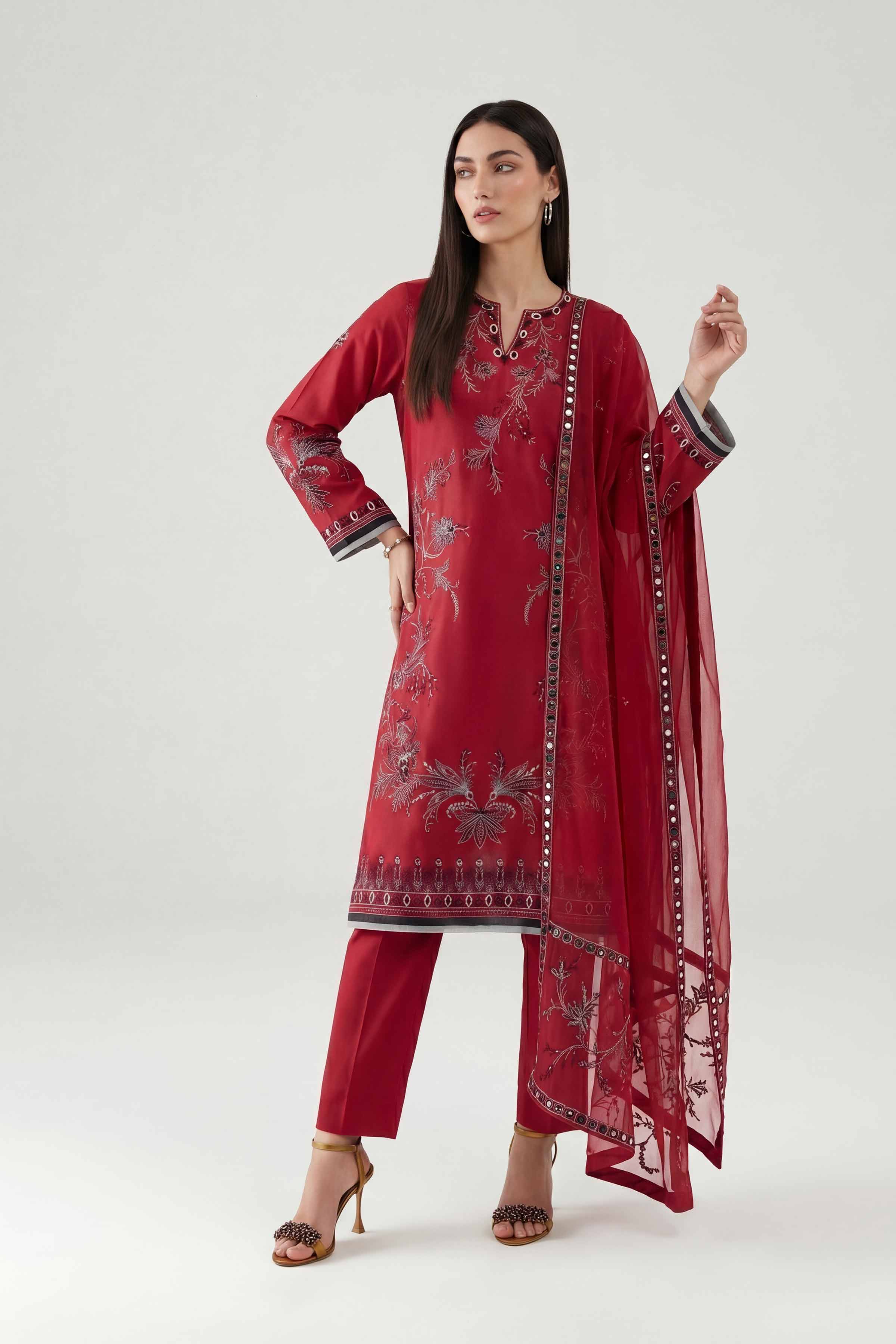 3 Piece - Embroidered Suit - KFE26-187 Red Cambric 3PC Embroidered Nishat Australia