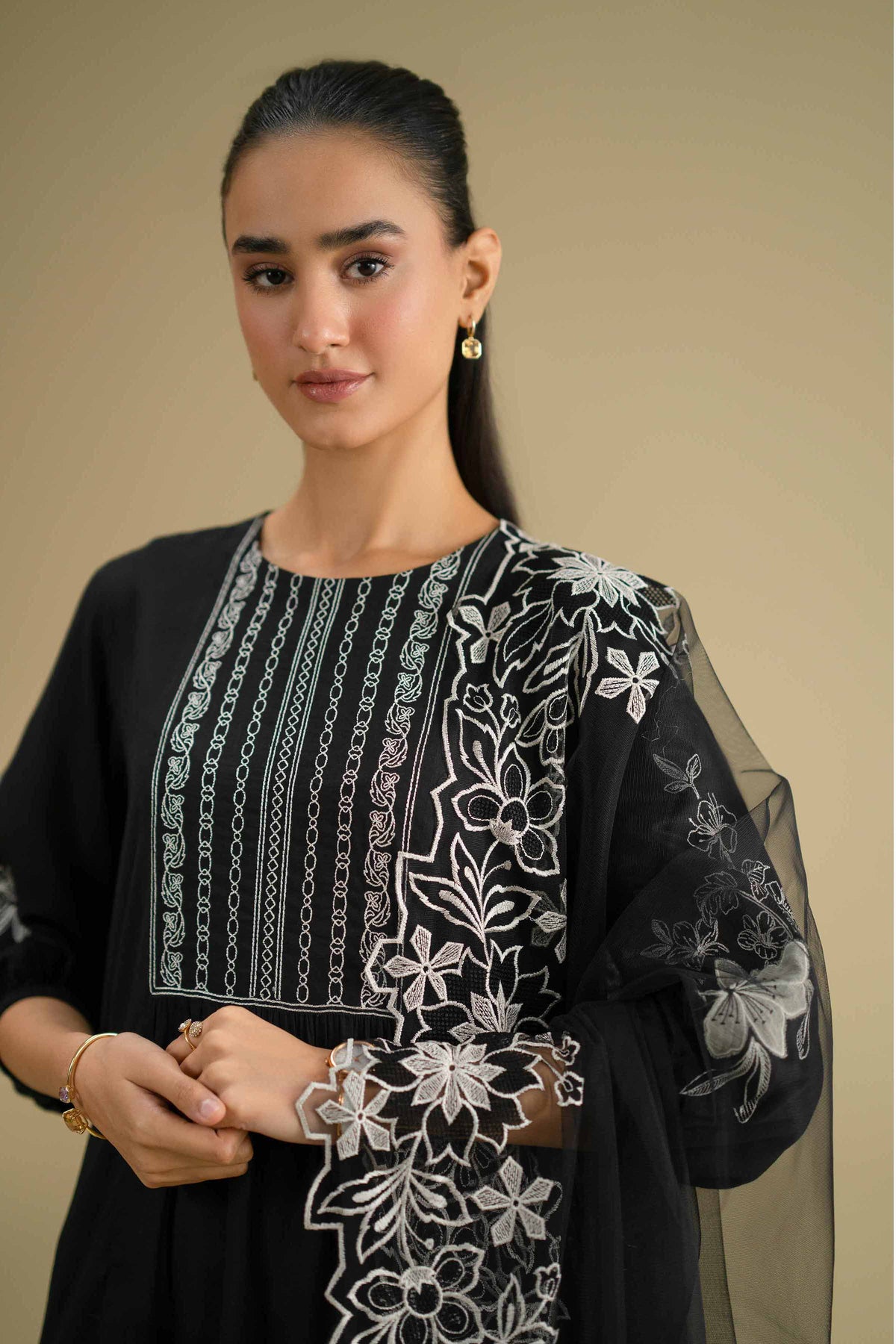 Embroidered Dupatta - KFE26-234Black Net 1PC Embroidered Nishat Australia