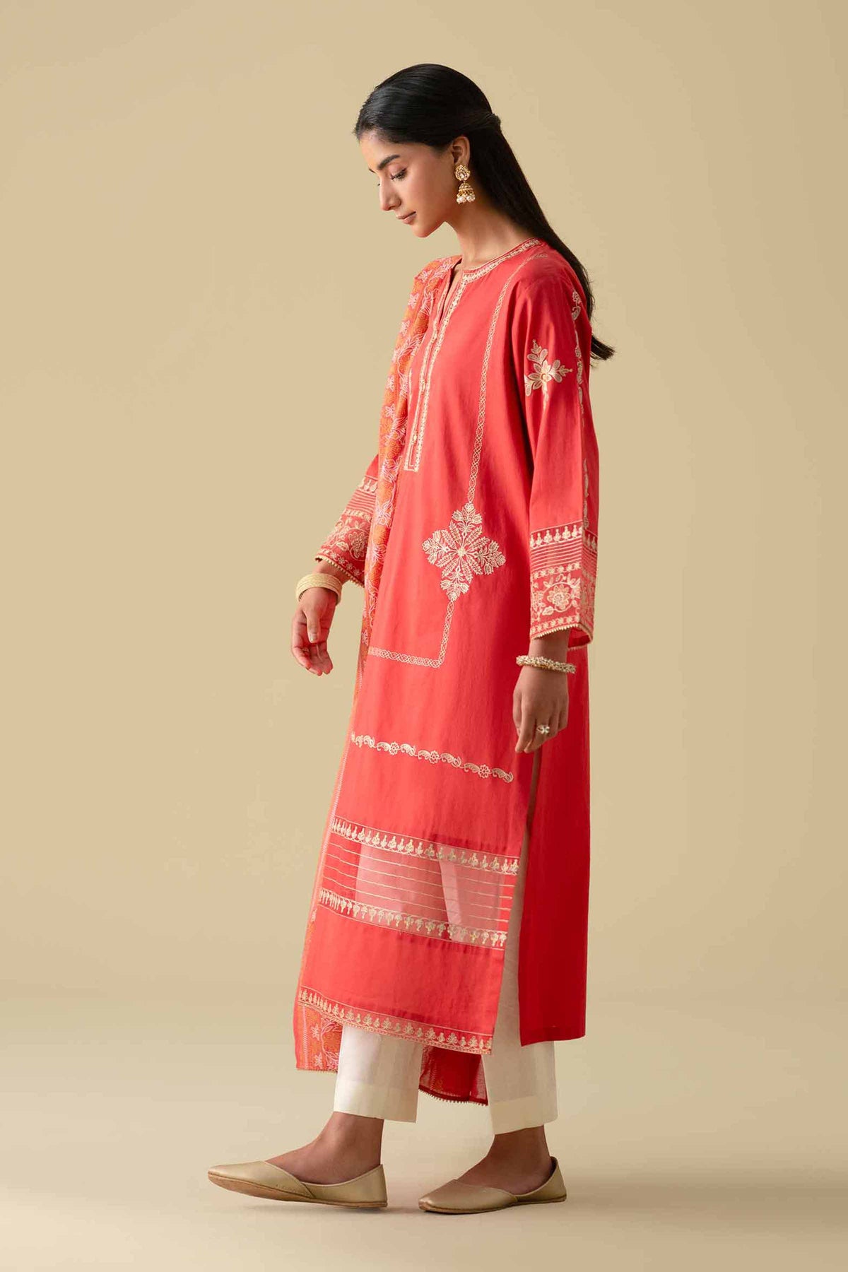 2 Piece - Printed Embroidered Suit - KFE26-27Red Cambric 2PC Embroidered Nishat Australia