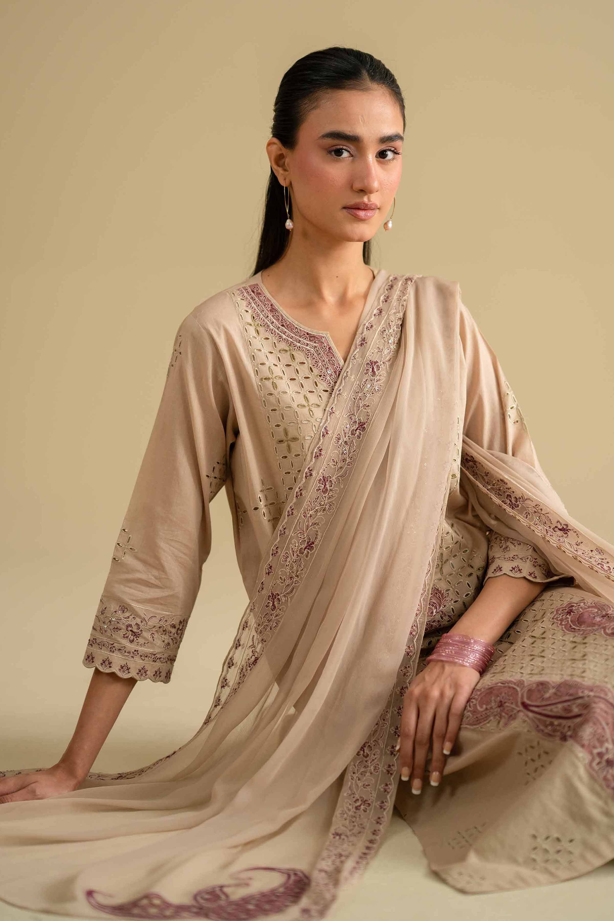 3 Piece - Embroidered Suit - KFE26-97 Beige Cambric 3PC Embroidered Nishat Australia