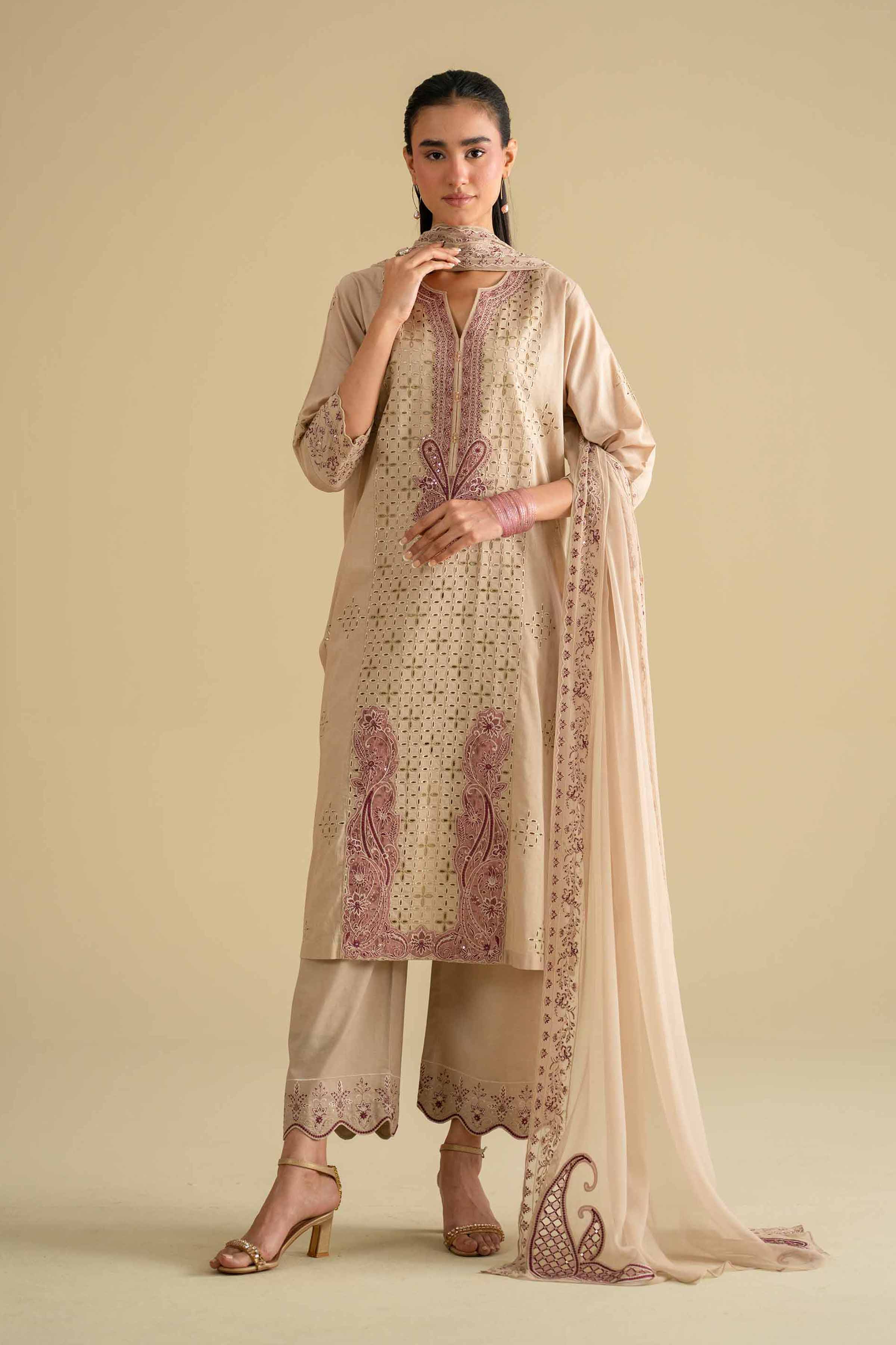 3 Piece - Embroidered Suit - KFE26-97 Beige Cambric 3PC Embroidered Nishat Australia
